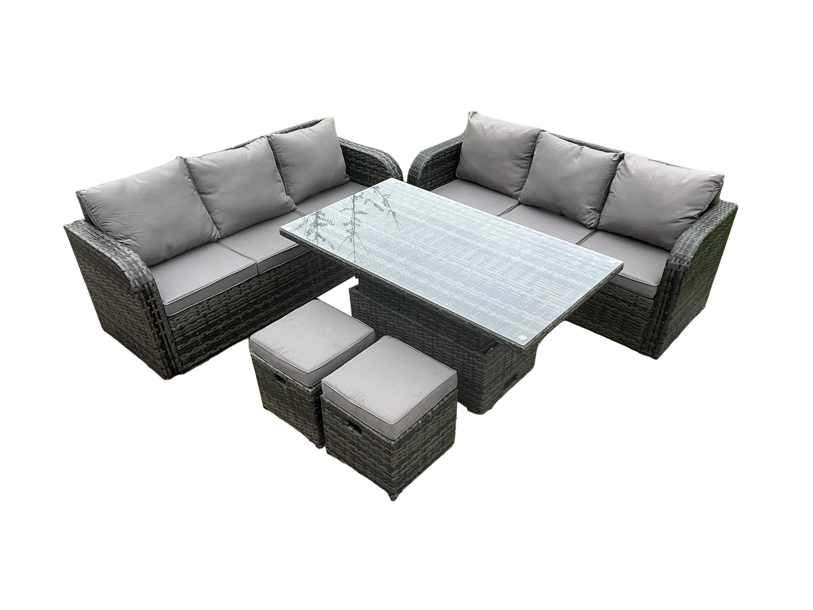 GARTENSOFA SET Polyrattan 8-Sitzer - Dunkelgrau/Grau, Glas/Kunststoff - Fimous
