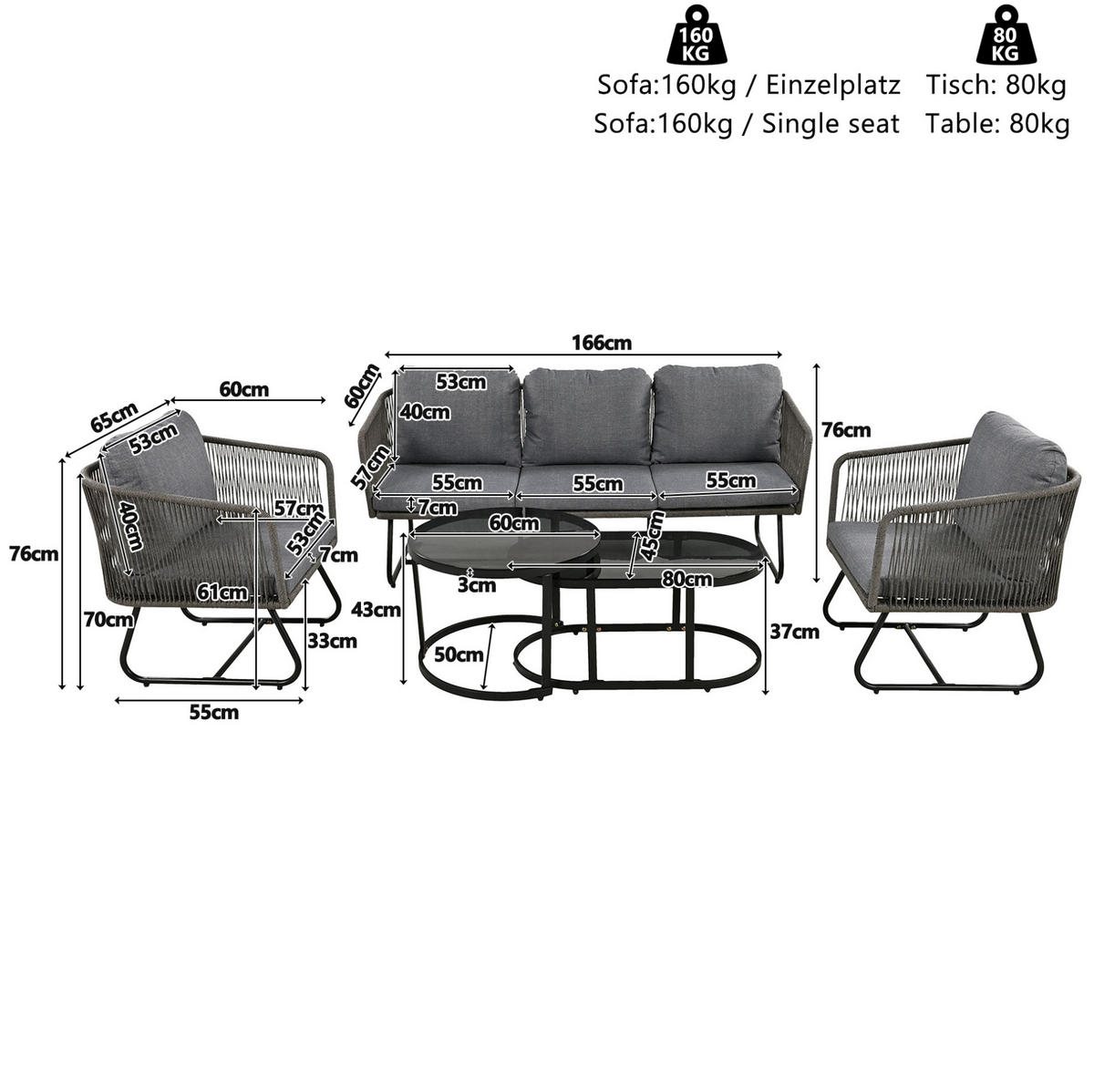 GARTEN-LOUNGE-SET 166/60/76 cm mit 3-Sitzer, 2 Sesseln, 2 Tischen aus Eisen, Seil und Glas, Grau - Grau, Metall - Redom