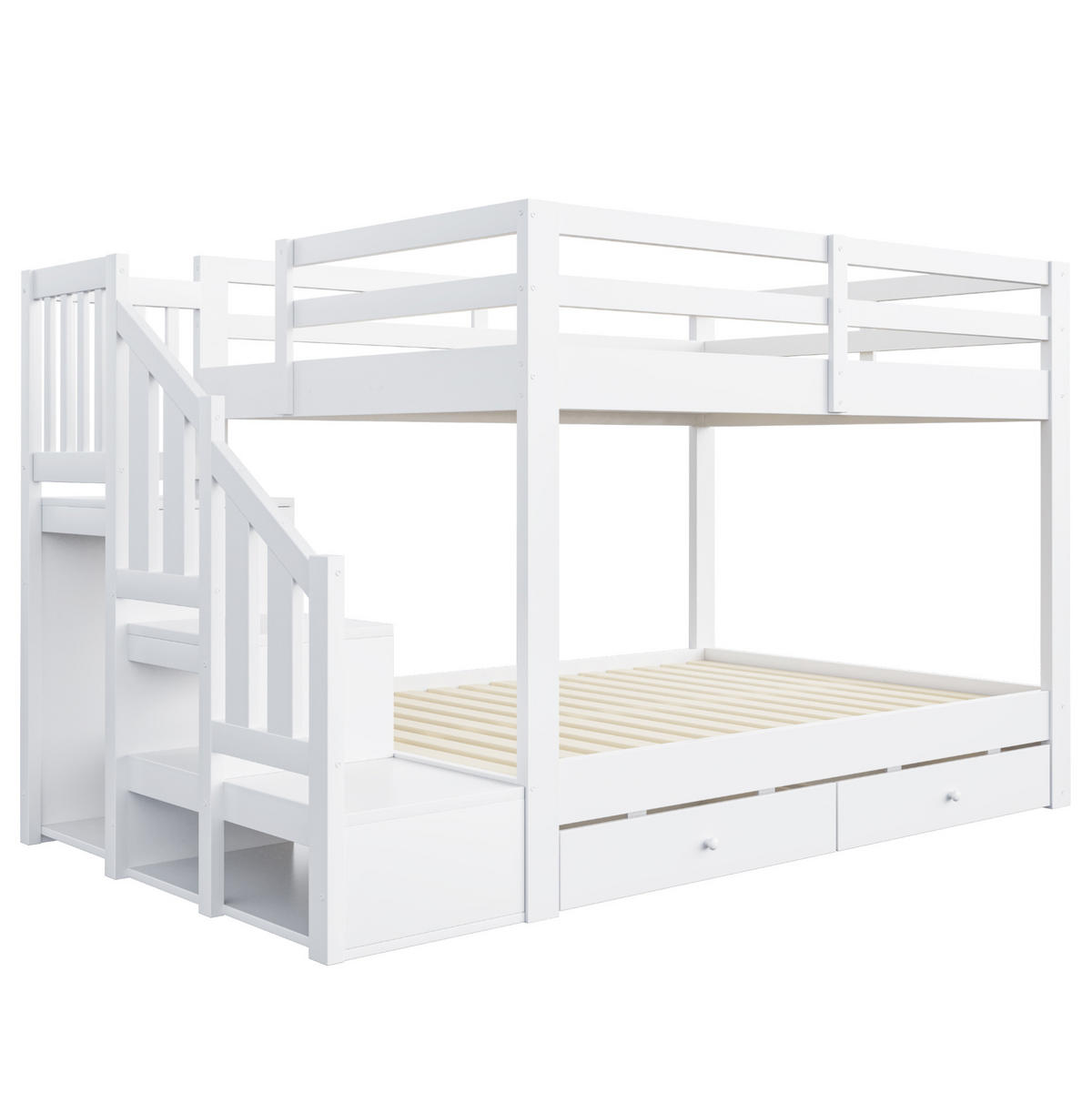ETAGENBETT 140x200 cm Weiß mit Stauraumtreppe, Kleiderhaken und 2 Schubladen - Weiß, Holz (140/200cm) - Modfu