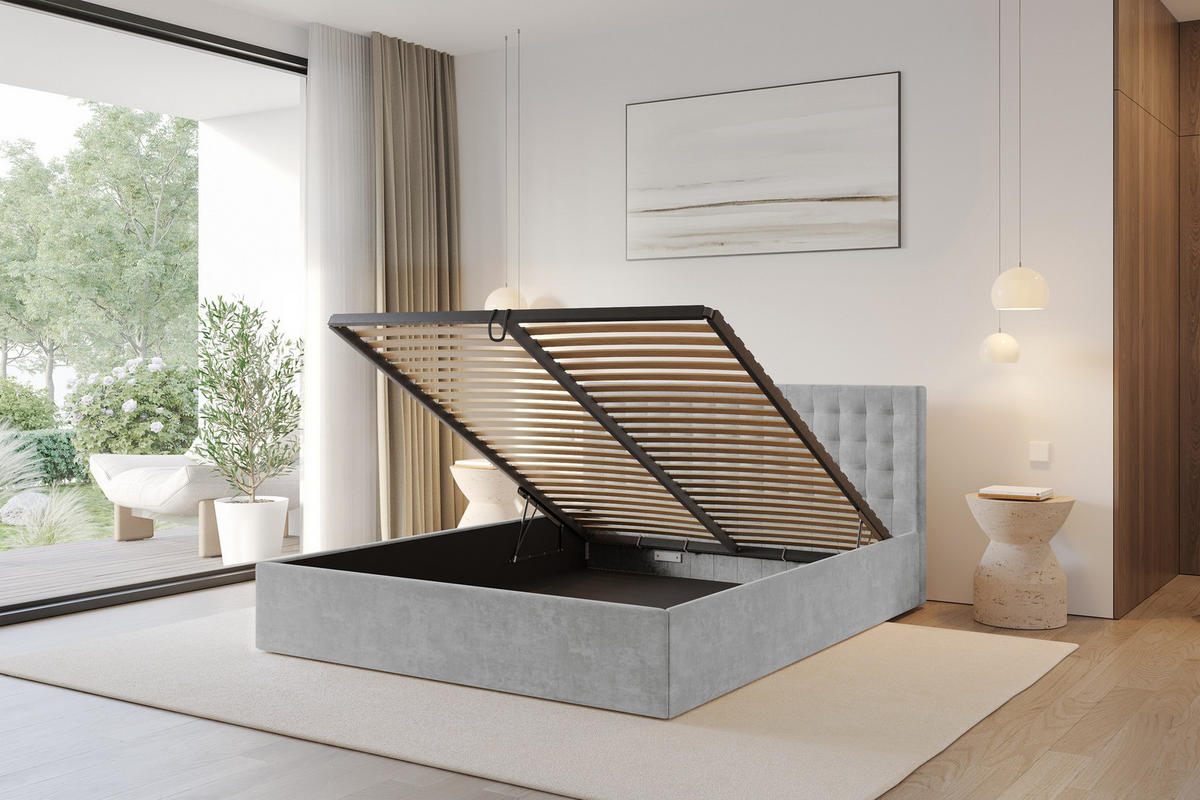 POLSTERBETT mit Bettkasten und Lattenrost, Boxbett ohne Matratze - PARI 180x200 Grau - Hellgrau, Holzwerkstoff/Textil (180/200cm) - ALTDECOR