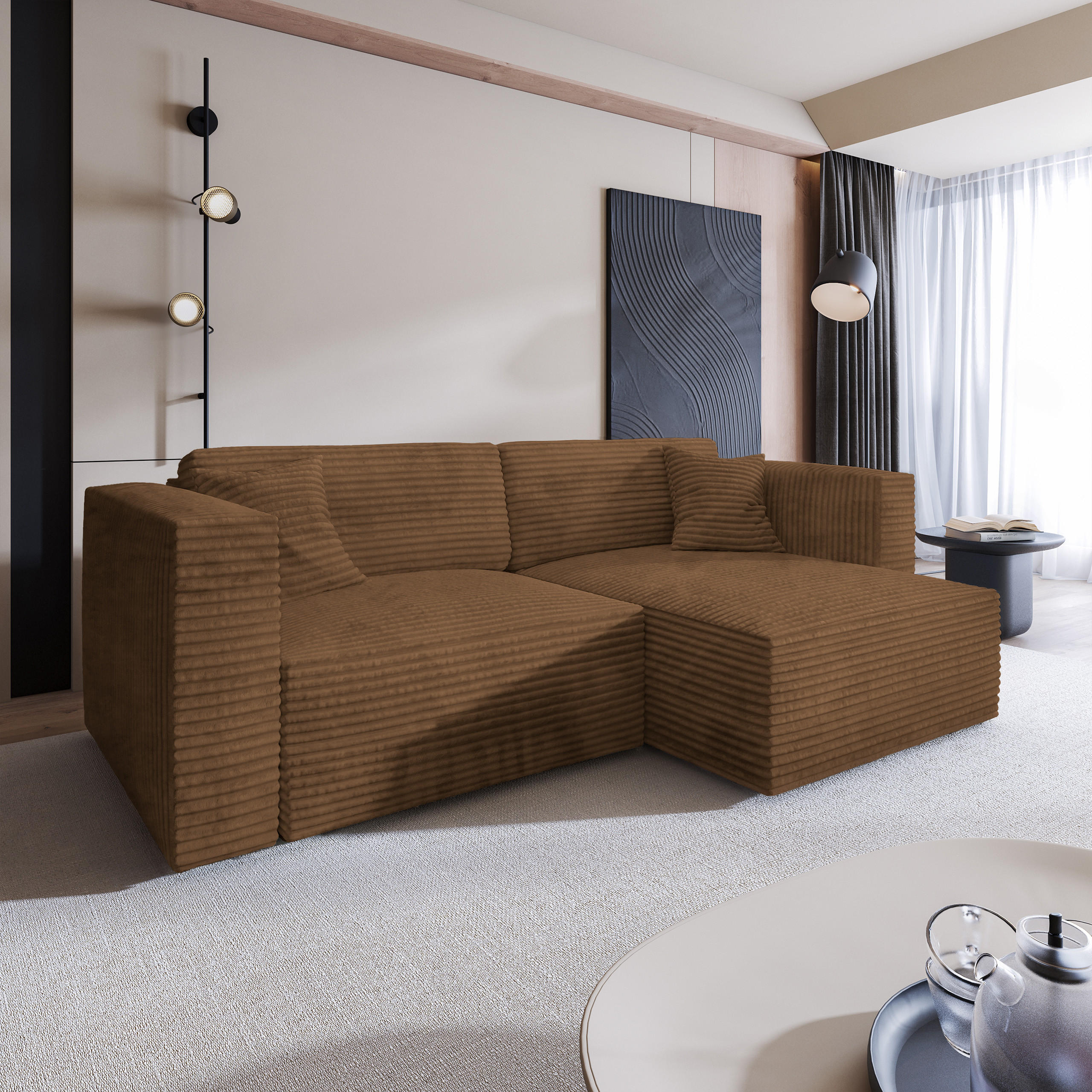 ECKSOFA NERIO Kupferfarben Kordstoff mit Schlaffunktion - Kupferfarben, Holz (245/148cm) - MASSENO