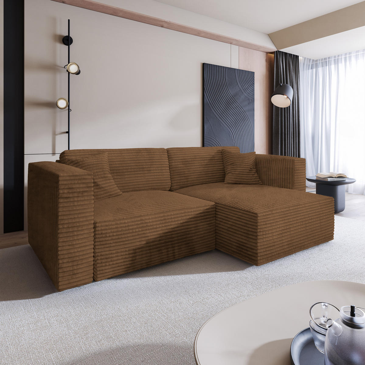 ECKSOFA NERIO Kupferfarben Kordstoff mit Schlaffunktion - Kupferfarben, Holz (245/148cm) - MASSENO