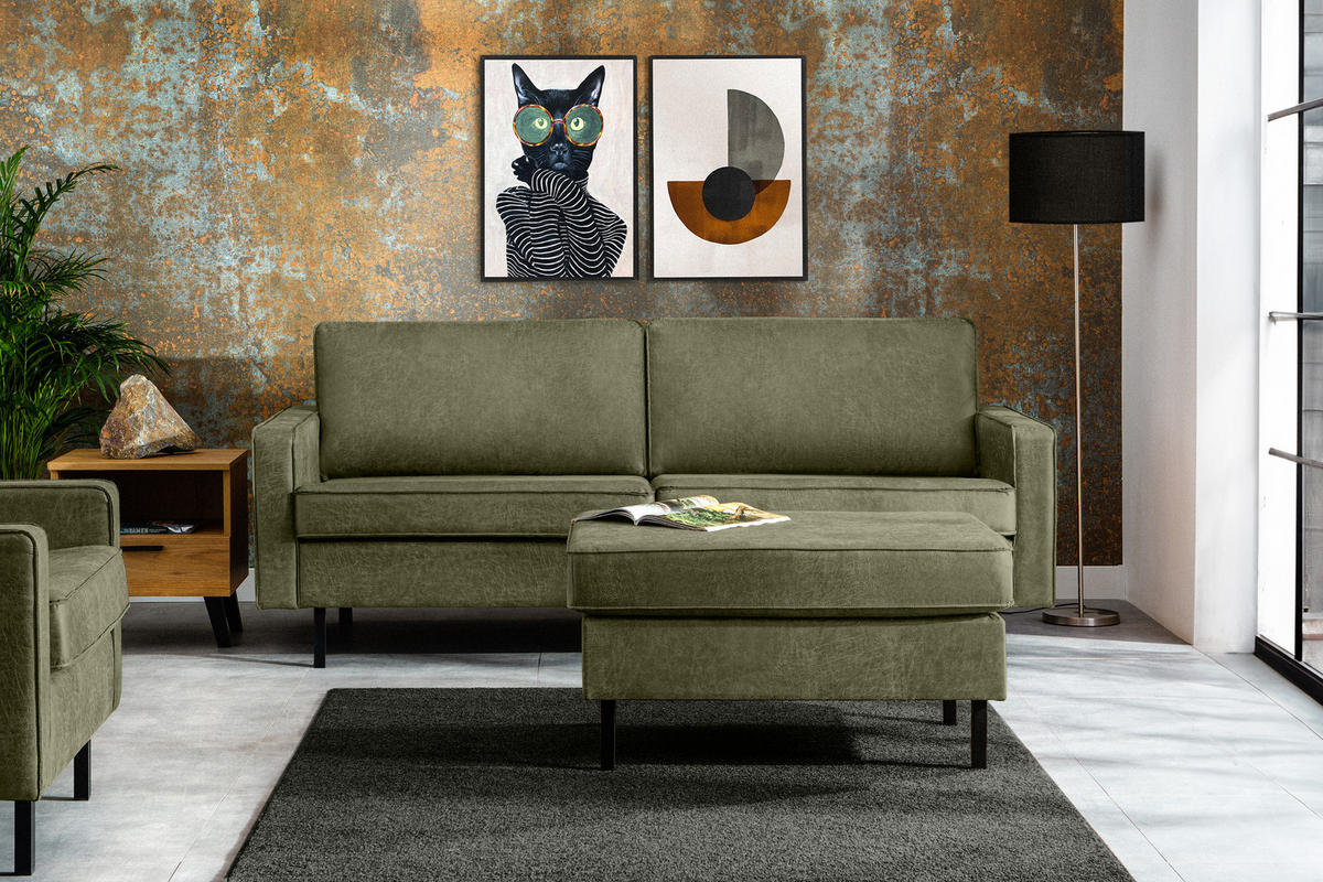 3-SITZER-SOFA INVIA Klassische-Stil mit Armlehnen, Lederoptik-Stoff, grün - Schwarz/Grün, Textil (209/87/98cm) - KONSIMO®