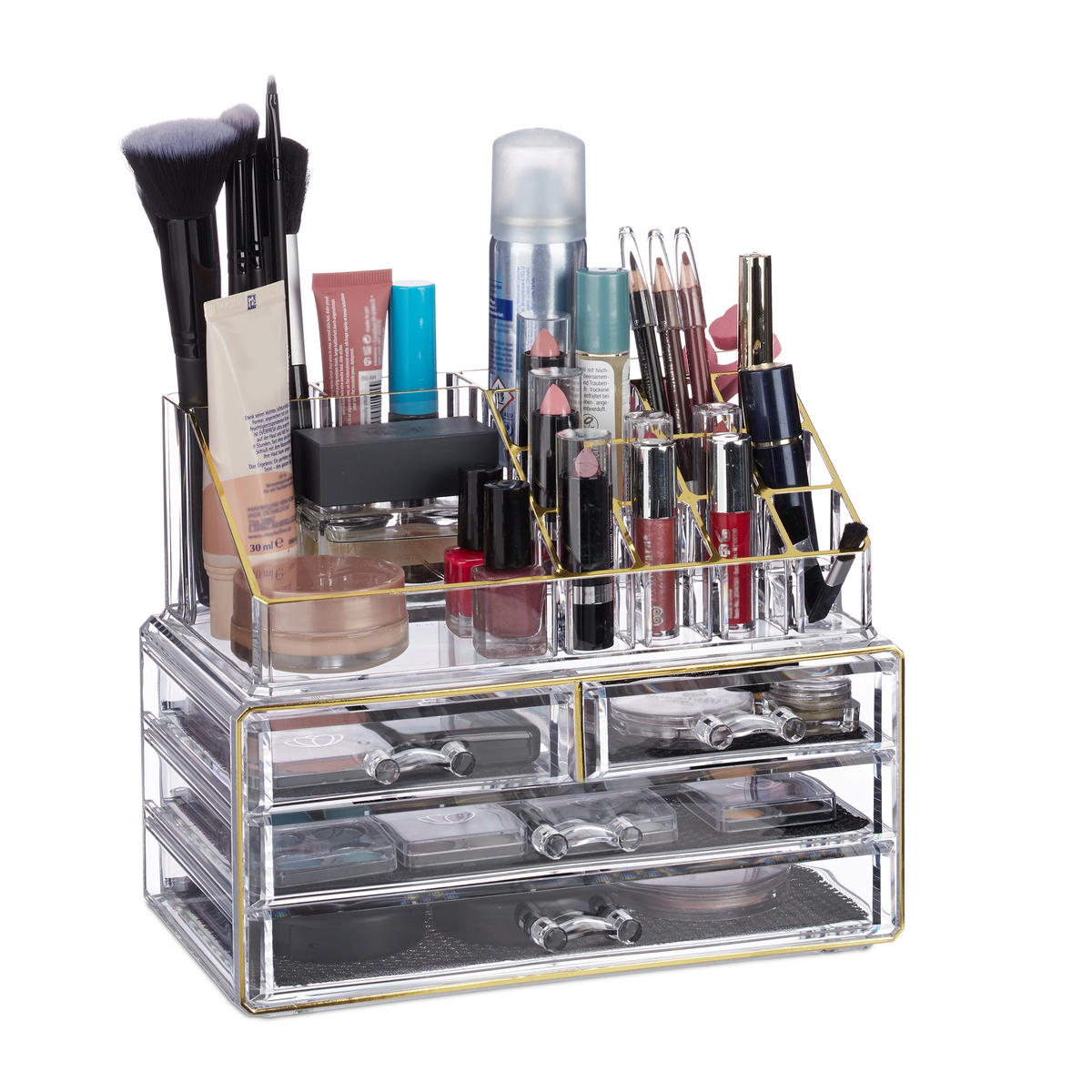 MAKEUP Organizer - Transparent/Goldfarben, Kunststoff (24/19/13.5cm) - Relaxdays