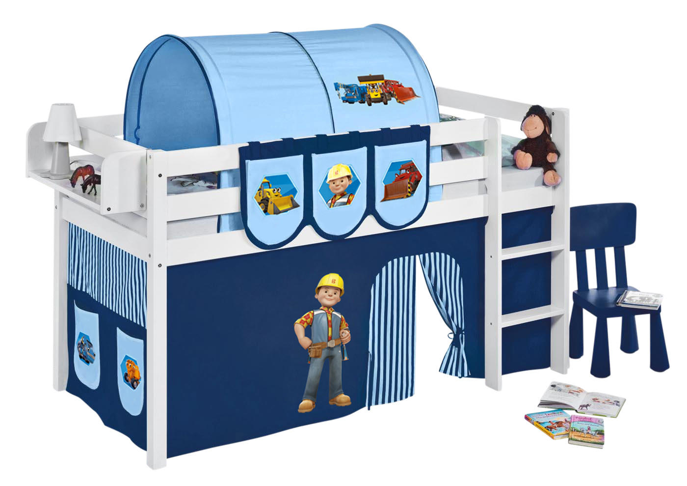 HOCHBETT Jelle mit BOB DER BAUMEISTER Vorhang - Kinderbett - Weiß, Holz - Lilokids