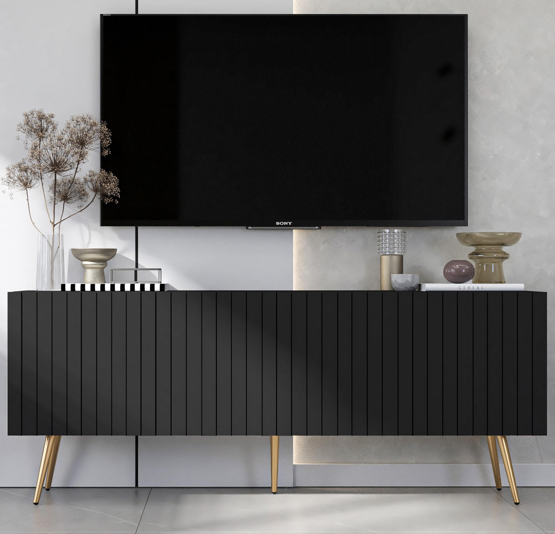 TV-SCHRANK Elpis Schwarz Matt mit goldenen Metallbeine Glamour 150 cm - Goldfarben/Schwarz, Holzwerkstoff/Metall (150/60.5/36.5cm) - Meble Lindner