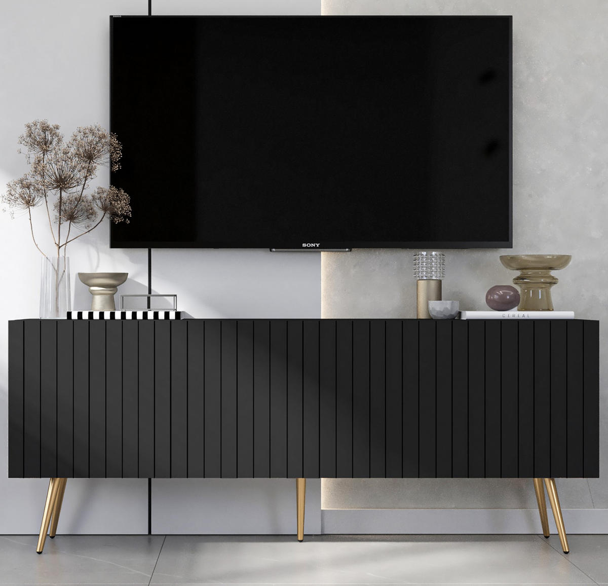 TV-SCHRANK Elpis Schwarz Matt mit goldenen Metallbeine Glamour 150 cm - Goldfarben/Schwarz, Holzwerkstoff/Metall (150/60.5/36.5cm) - Meble Lindner