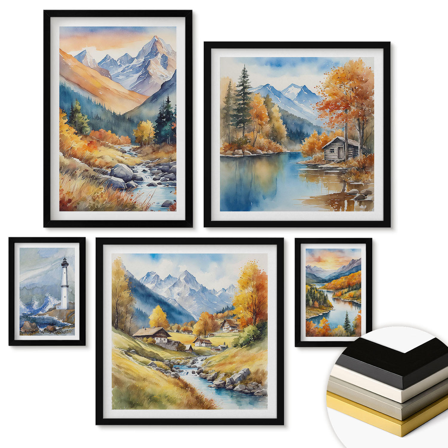WANDBILDER 5er-Set - 50x50 cm & 20x30 cm & 40x60 cm Schwarzer Rahmen - Polnische Städte Ustka Tarnów Sopot - Schwarz, Kunststoff (40/60cm) - ArtPrintCave