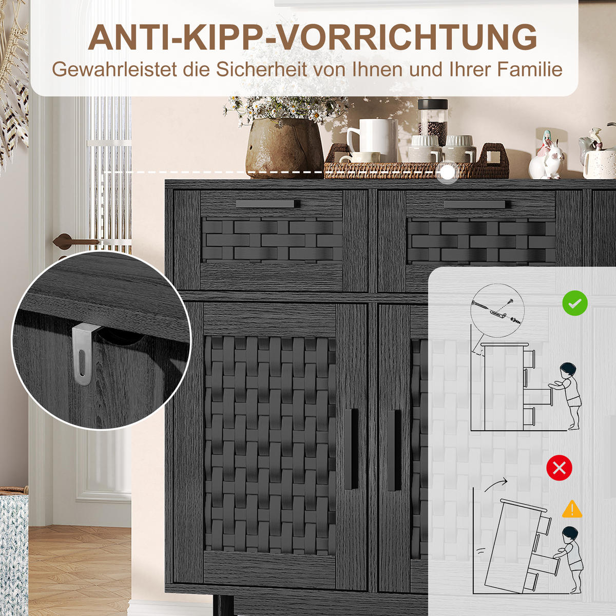 SIDEBOARD im Rattan-Look für das Esszimmer, Aufbewahrungsschrank aus Naturholz, Wohnzimmerschrank mit 3 Schubladen und 3 Türen, schwarz - Schwarz, Holz (40/80/107.9cm) - WoodenAura