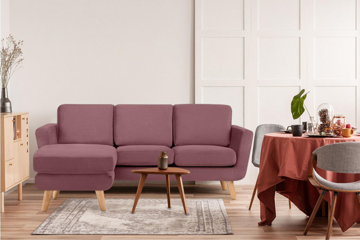 3-SITZER-ECKSOFA-LINKS TAGIO mit Ottomane , rosa - Koralle/Braun, Buchenholz/Textil (190/151cm) - KONSIMO®
