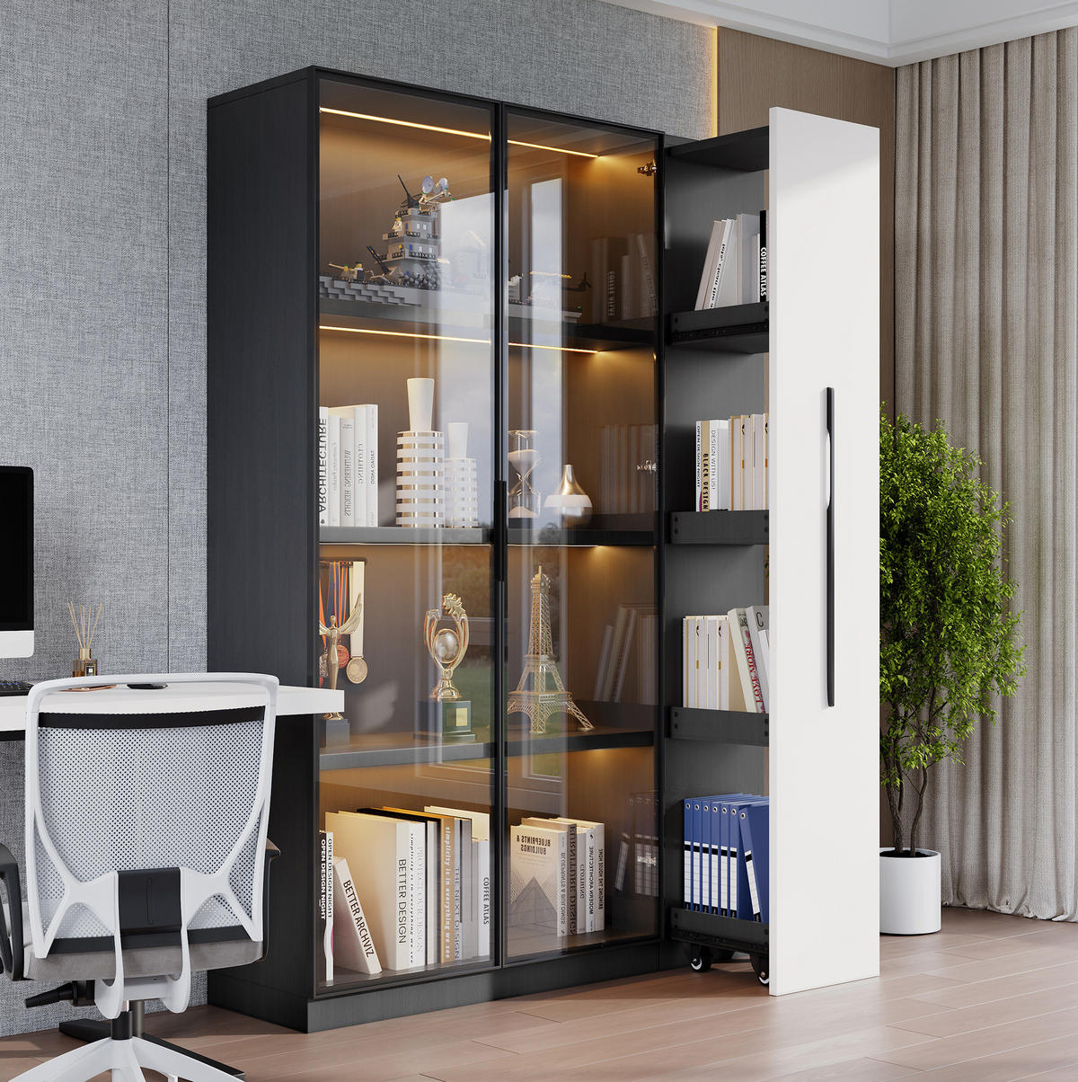 VITRINA 110,5/35/160 cm crna/bijela od MDF-a i stakla s LED rasvjetom i bočnim izvlačenjem - crna, drvni materijal (110.5/160/35cm) - OKWISH