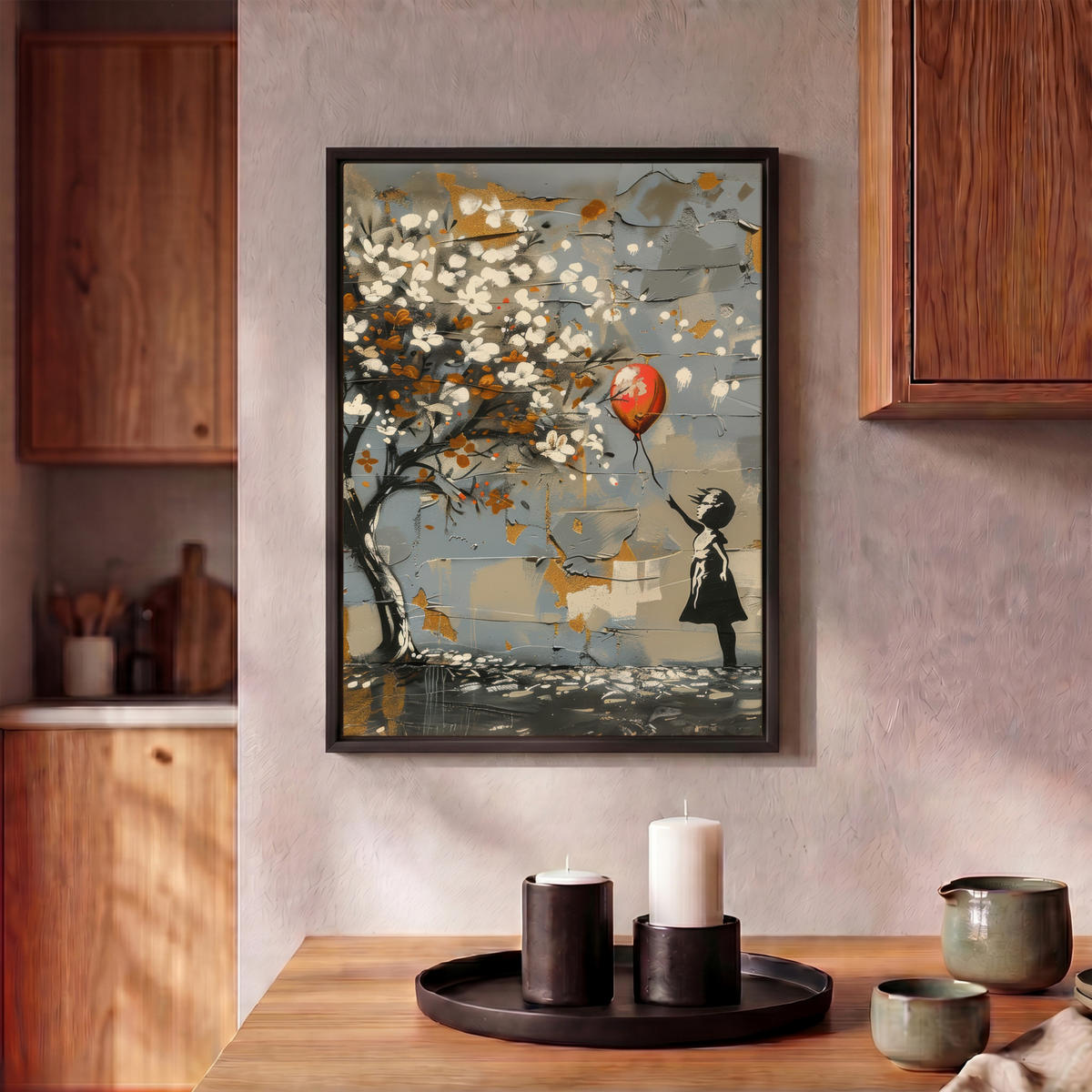 LEINWAND Bilder mit Rahmen - Baum - Graffiti - Banksy-Stil - Ballon-Mädchen - 30x40 - Blaugrau, Textil (30/40cm) - MuchoWow