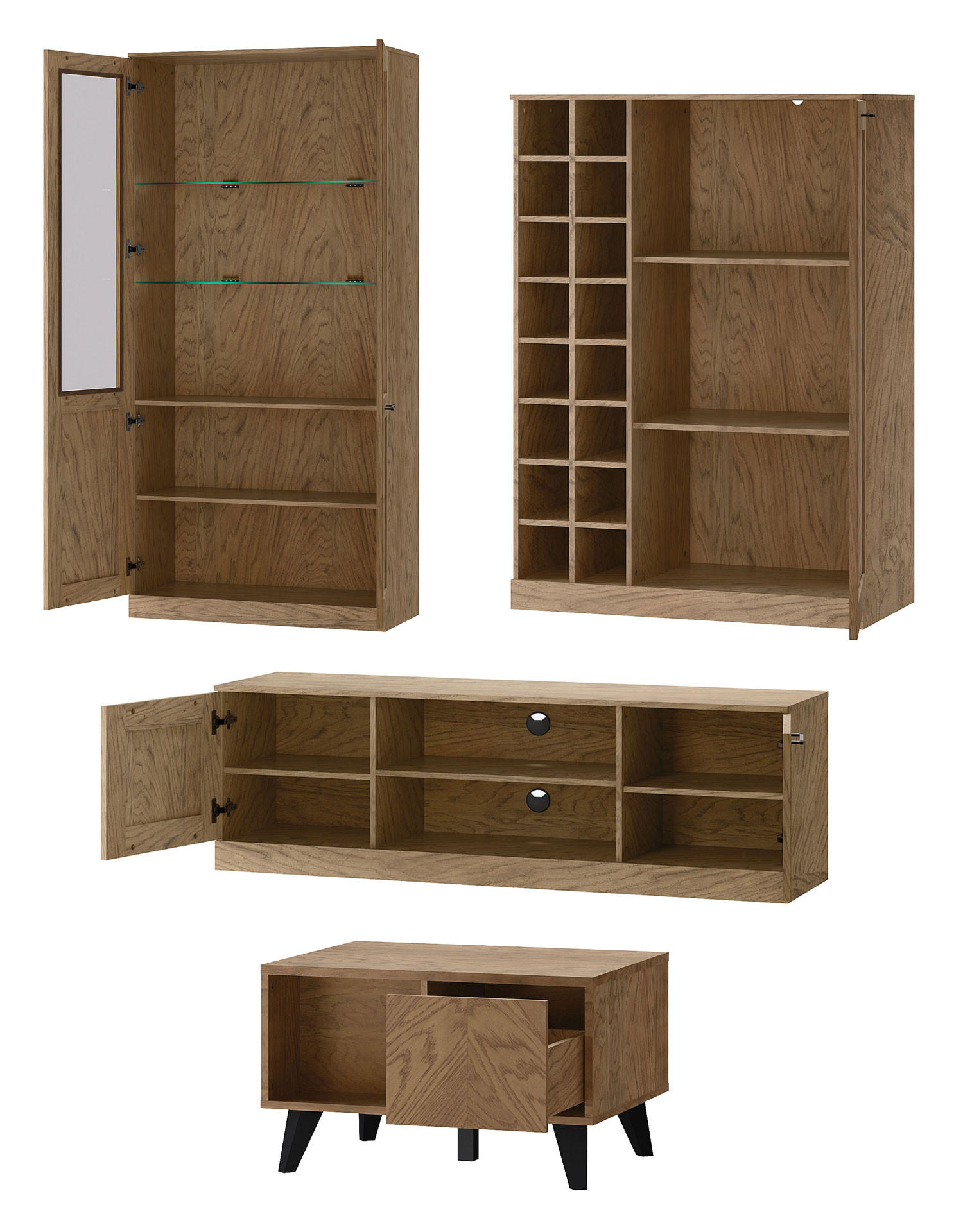 WOHNZIMMER-SET Cozy Eiche Rustikal 5-teilig - Eichefarben/Braun, Holz/Metall (355/200/60cm) - Feldmann-Wohnen
