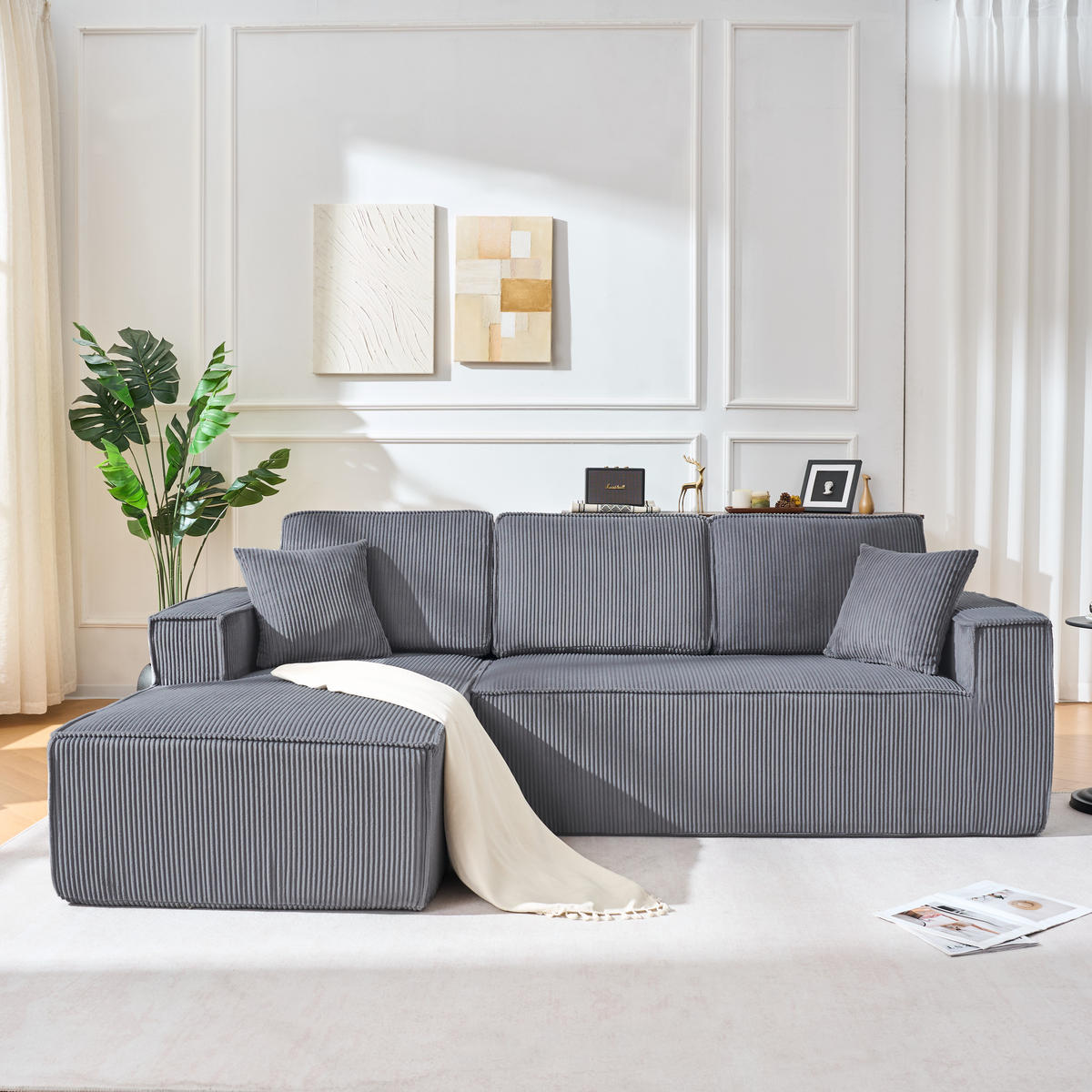 ECKSOFA Cord Grau mit 2 Kissen - Grau, Textil (235/128cm) - WISHDOR
