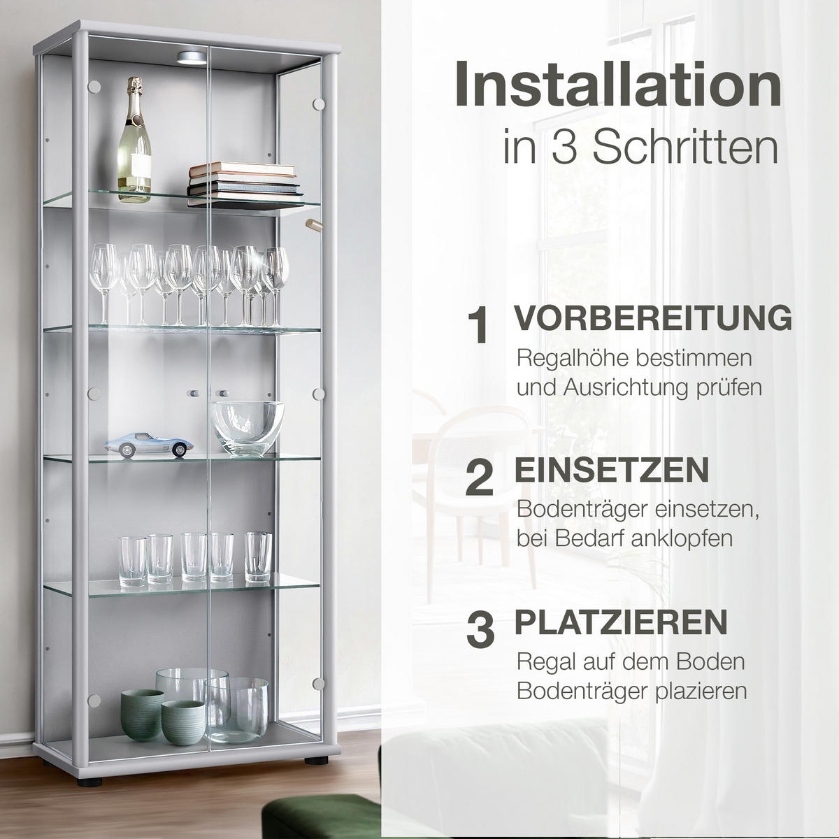 GLASBODEN 4er Set 23,6/62,5/0,4 cm für Standvitrinen 2-türig Erweiterungsset - Transparent, Glas (62.5/0.4/23.6cm) - K-Möbel