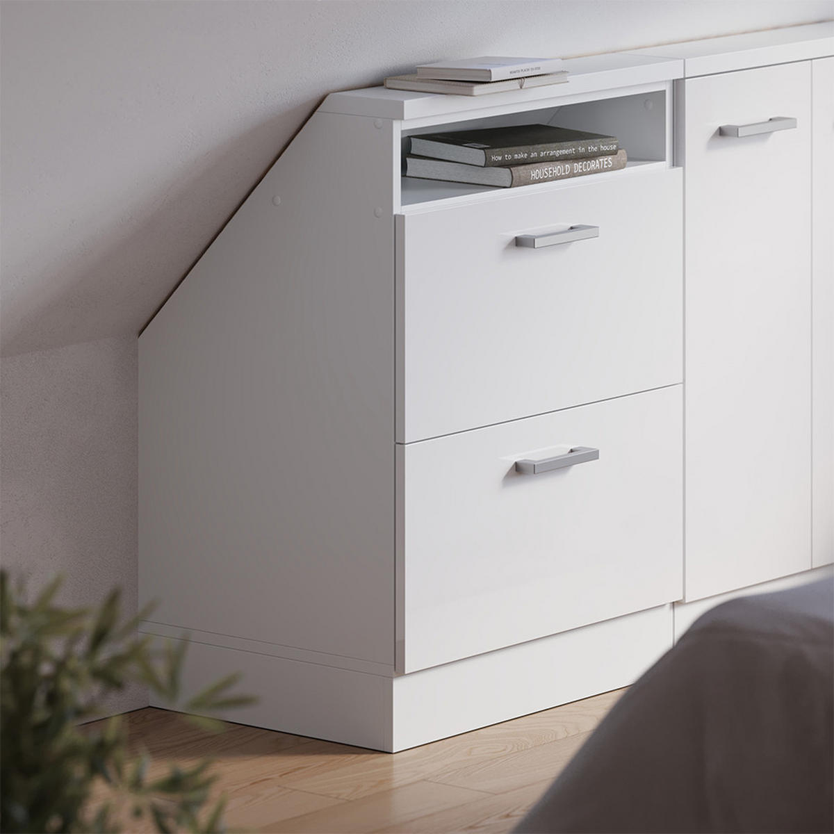 DACHSCHRÄGENSCHRANK Rion Weiß Hochglanz/Weiß mit 2 Schubladen - Weiß Hochglanz/Weiß, Holzwerkstoff (60/81.6/46cm) - Vicco