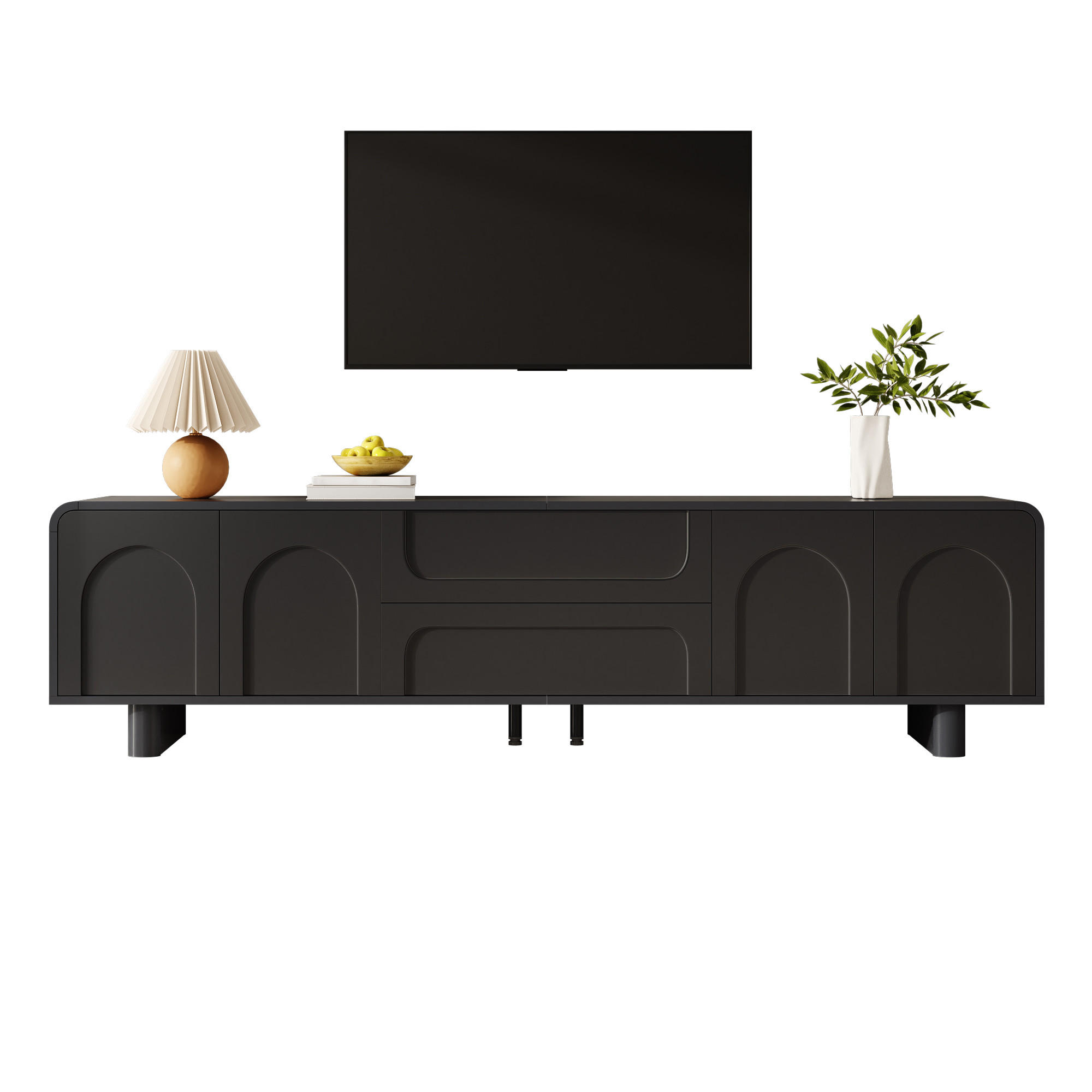 TV-LOWBOARD 180 cm aus MDF, Türen, Schubladen, Stauraum, abgerundet, Kabelmanagement, Schwarz - Schwarz, Holzwerkstoff (180/46/40cm)