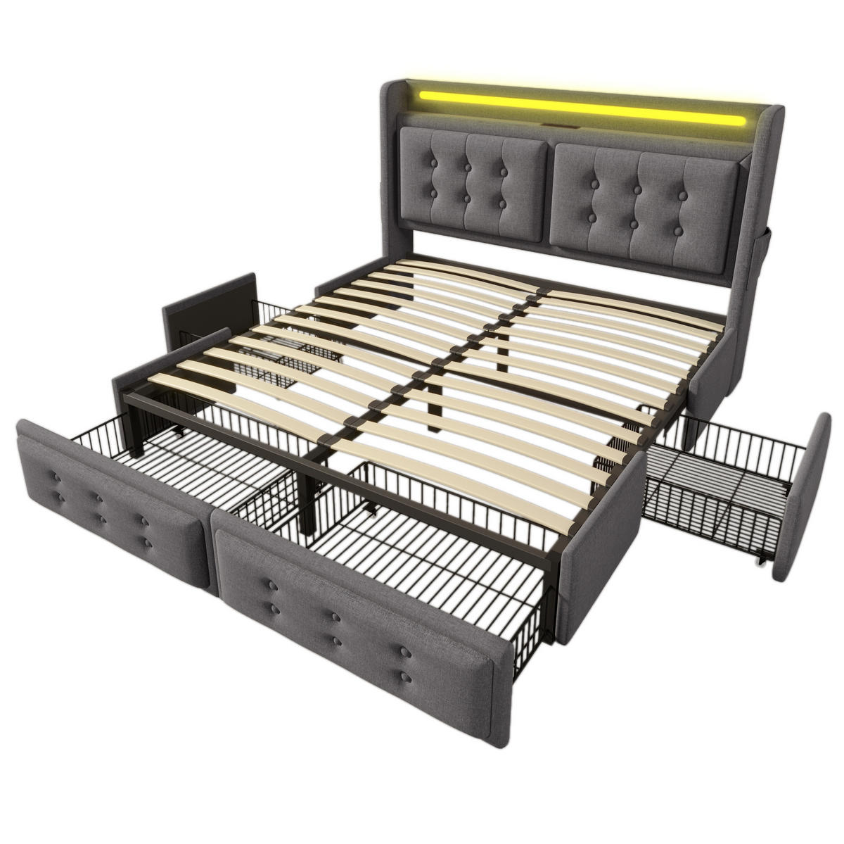 POLSTERBETT mit LED und 4 Schubladen 140x200 cm Baumwoll-Leinen Grau - Grau, Metall (140/200cm) - Meubliv
