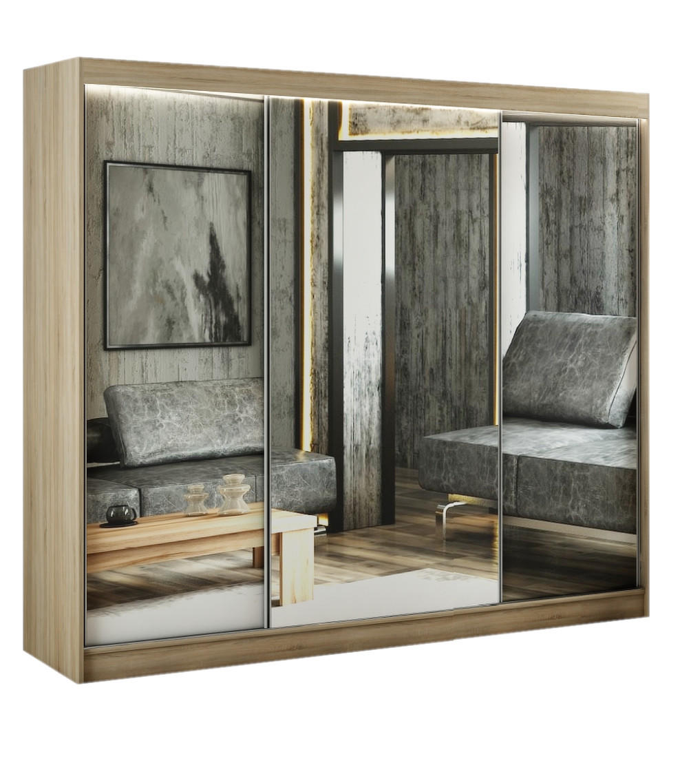 SCHWEBETÜRENSCHRANK Elsa 250 cm mit Spiegel 3-türig, Eiche sonoma - Sonoma Eiche, Kunststoff (250/215/61cm) - Margaret Hadas24