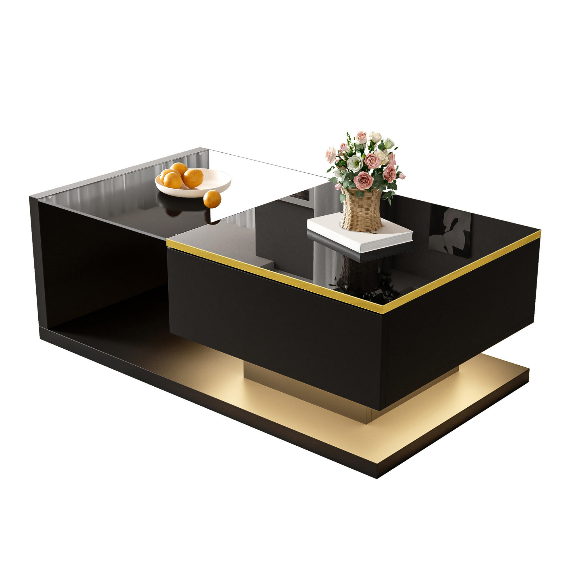 COUCHTISCH 90/50/32.5 cm Schwarz aus Spanplatte mit Glasplatte und LED-Beleuchtung - Schwarz, Holzwerkstoff (90/50/32.5cm) - OKMYHOME