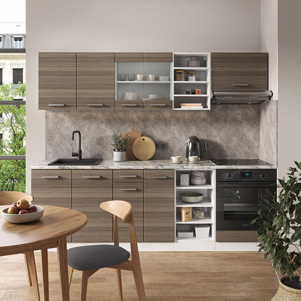KÜCHENZEILE R-Line Edelgrau/Weiß 240 cm ohne AP - Braun/Weiß, Holzwerkstoff (240/81.6/46cm) - Vicco