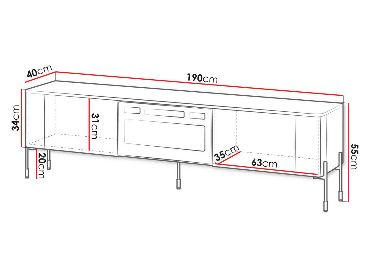 TV-LOWBOARD Vera 190 EF mit Kamin - Kaschmir/Schwarz, Holzwerkstoff/Metall (190/55/40cm) - MIRJAN24