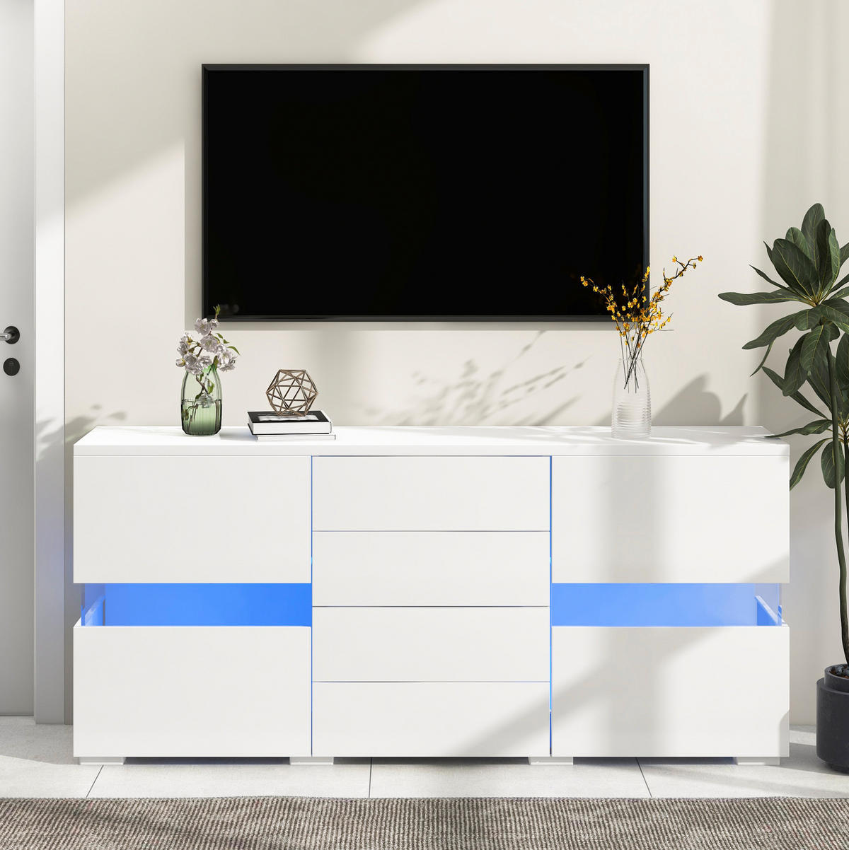 SIDEBOARD 140/35/72 cm mit 2 Acryltüren, 4 Schubladen & LED in Weiß - Weiß, Holzwerkstoff (145/72/35cm) - BEAOK