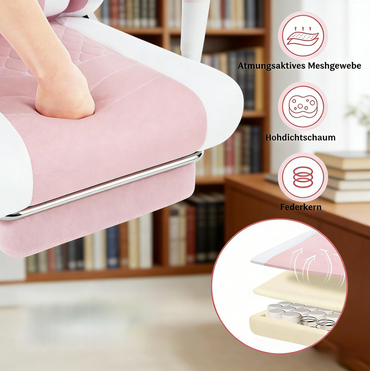 BÜROSTUHL mit Massagefunktion höhenverstellbar Mesh-Stoff Pink Weiß - Pink, Metall (70/127/70cm) - Meubliv