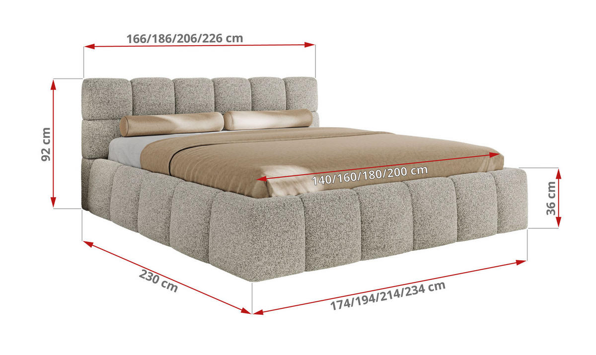 POLSTERBETT NIRA CLASSIC 200/200 - Hellgrau Strukture - Schaum-Matratze - Hellgrau, Textil (200/200cm) - MKS