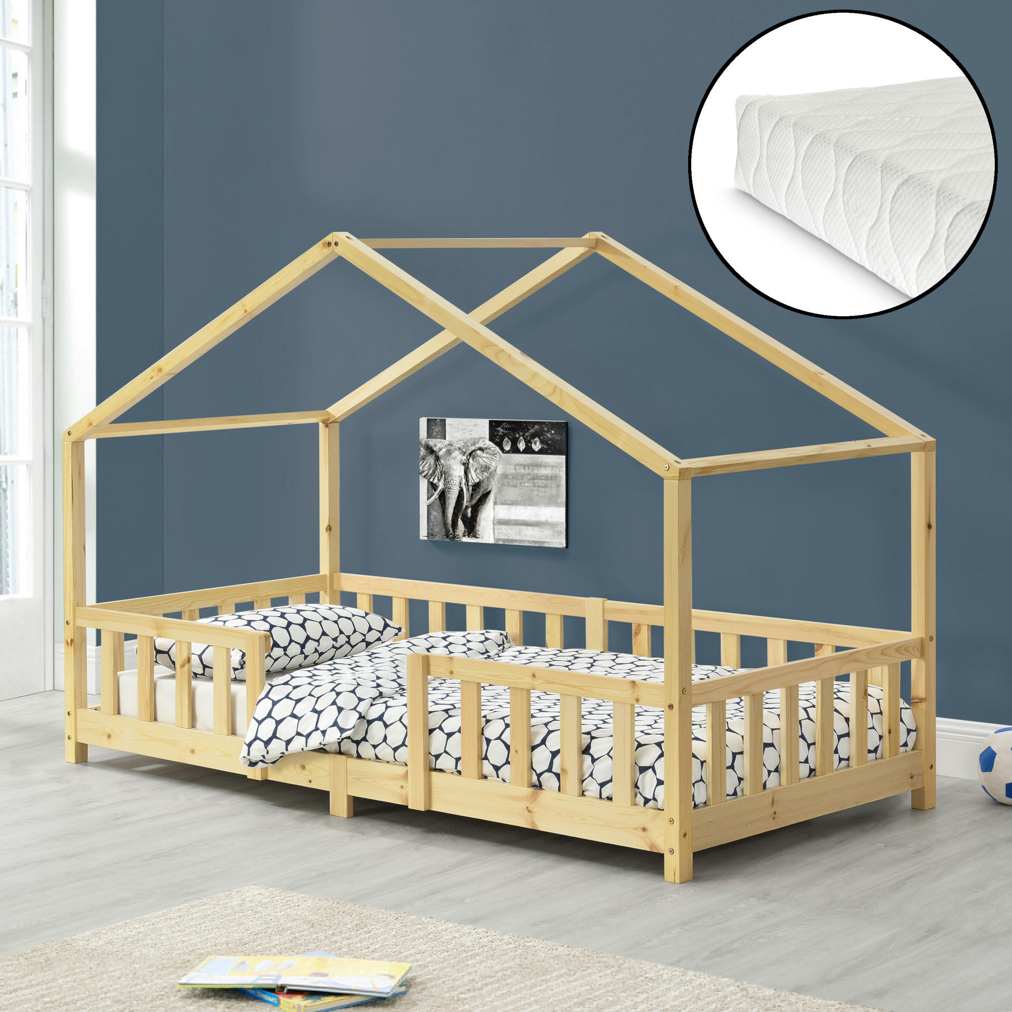 HAUSBETT Treviolo mit Matratze - Naturfarben, Holz/Textil (90/200cm) - [en.casa]