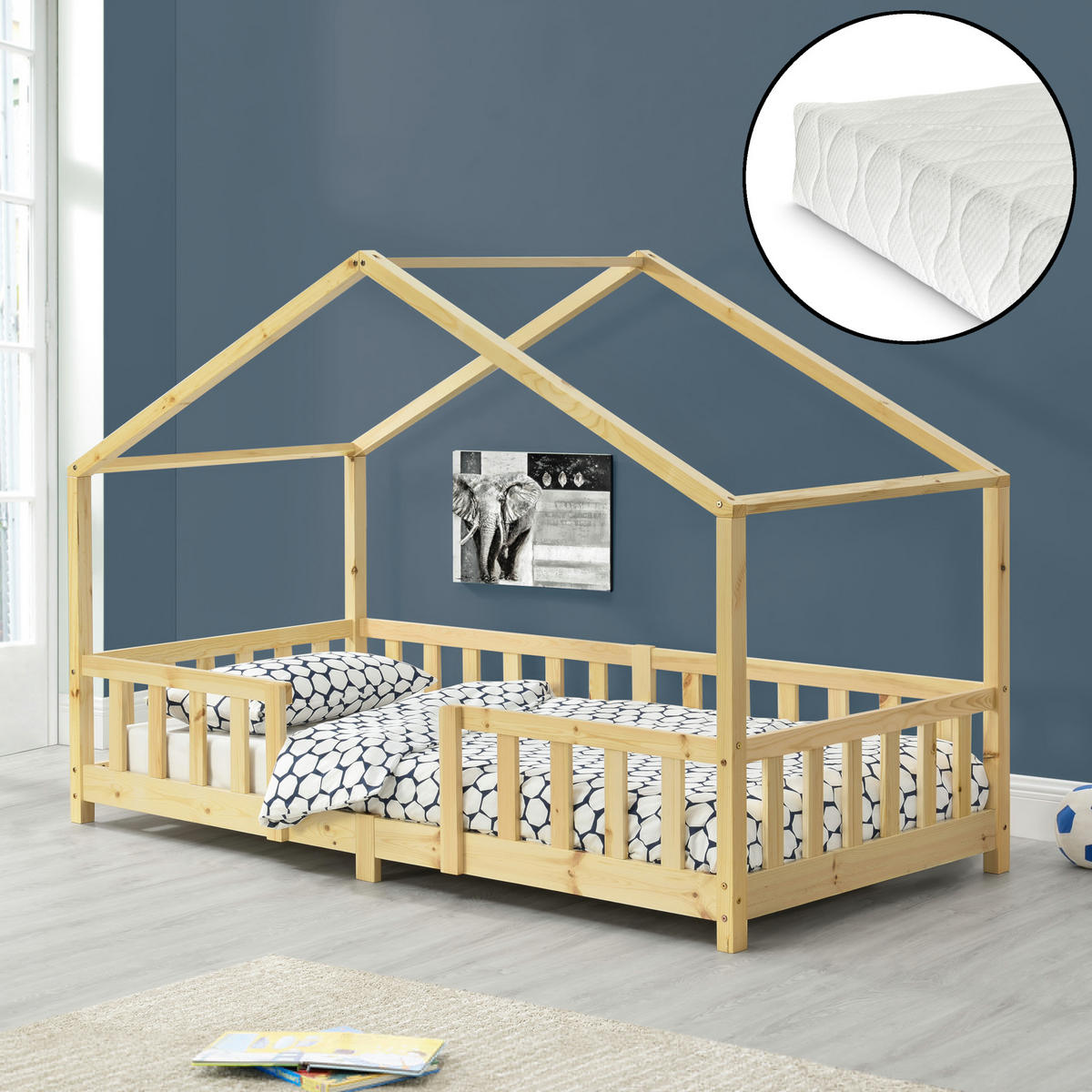 HAUSBETT Treviolo mit Matratze - Naturfarben, Holz/Textil (90/200cm) - [en.casa]