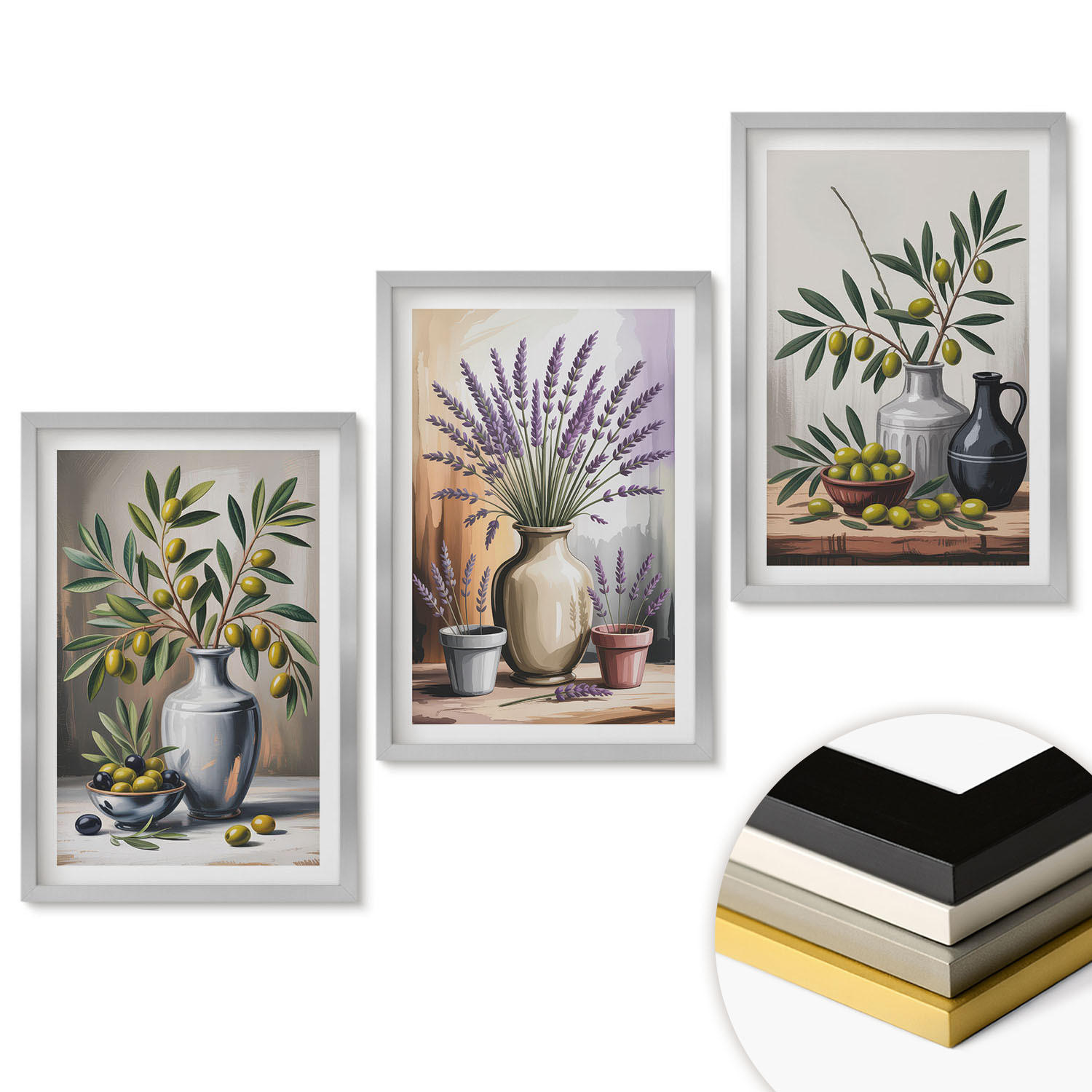 WANDBILDER 3er Set - 40x60 cm Silberner Rahmen - Olivenblüten in Vasen im Hintergrund - Silberfarben, Kunststoff (40/60cm) - ArtPrintCave