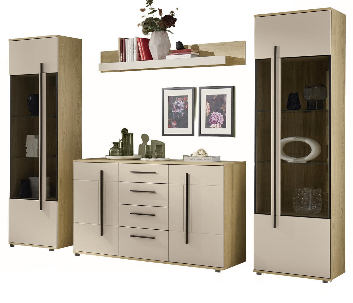WOHNWAND Kaschmir, Eiche 4-teilig 290, Schrankwand in modernem Design - Kaschmir/Eichefarben, Glas/Holzwerkstoff (290/200/42cm) - Furn.Design