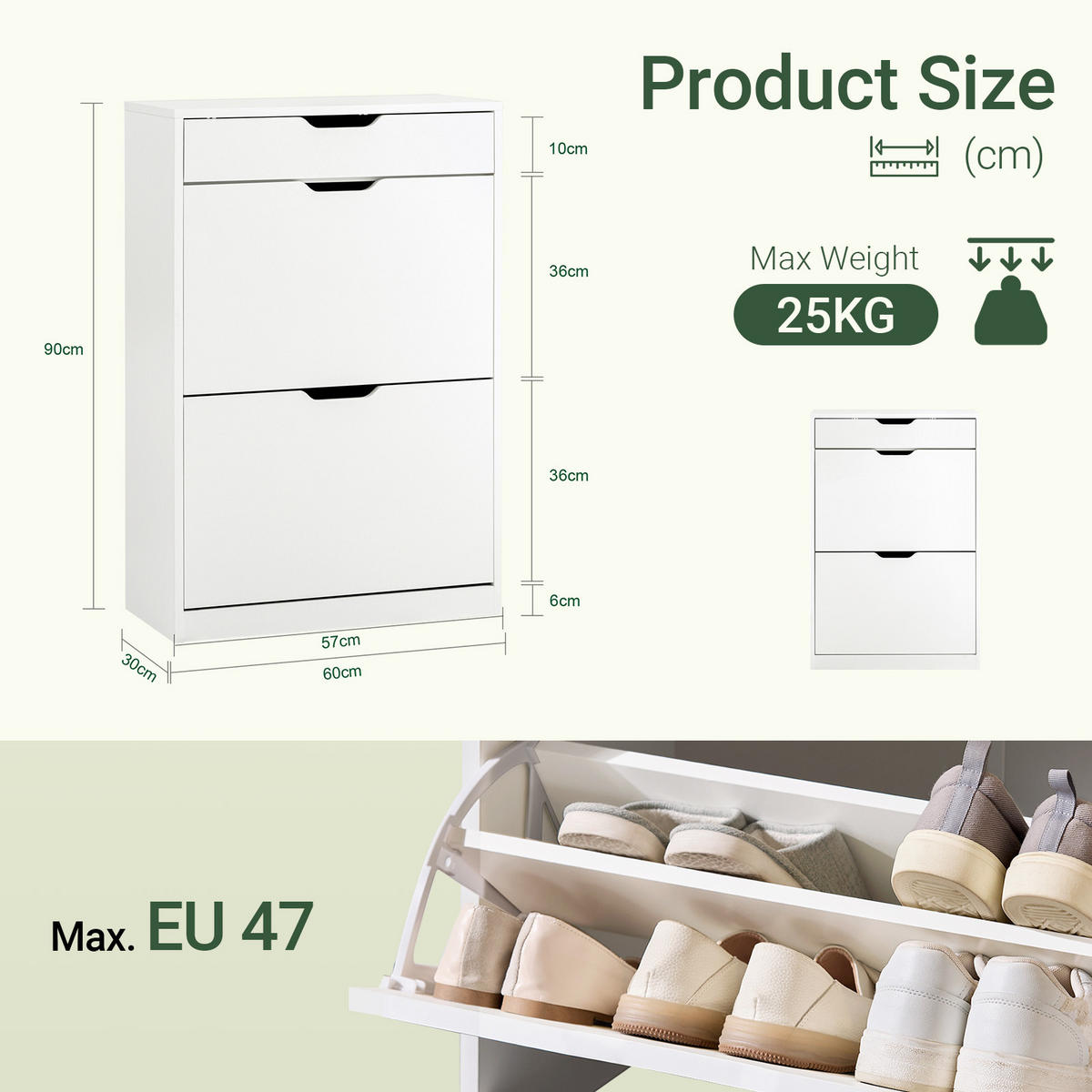 COMODĂ de intrare cu 3 sertare pentru încălțăminte - alb, compozit lemnos (60/90/30cm) - SoBuy