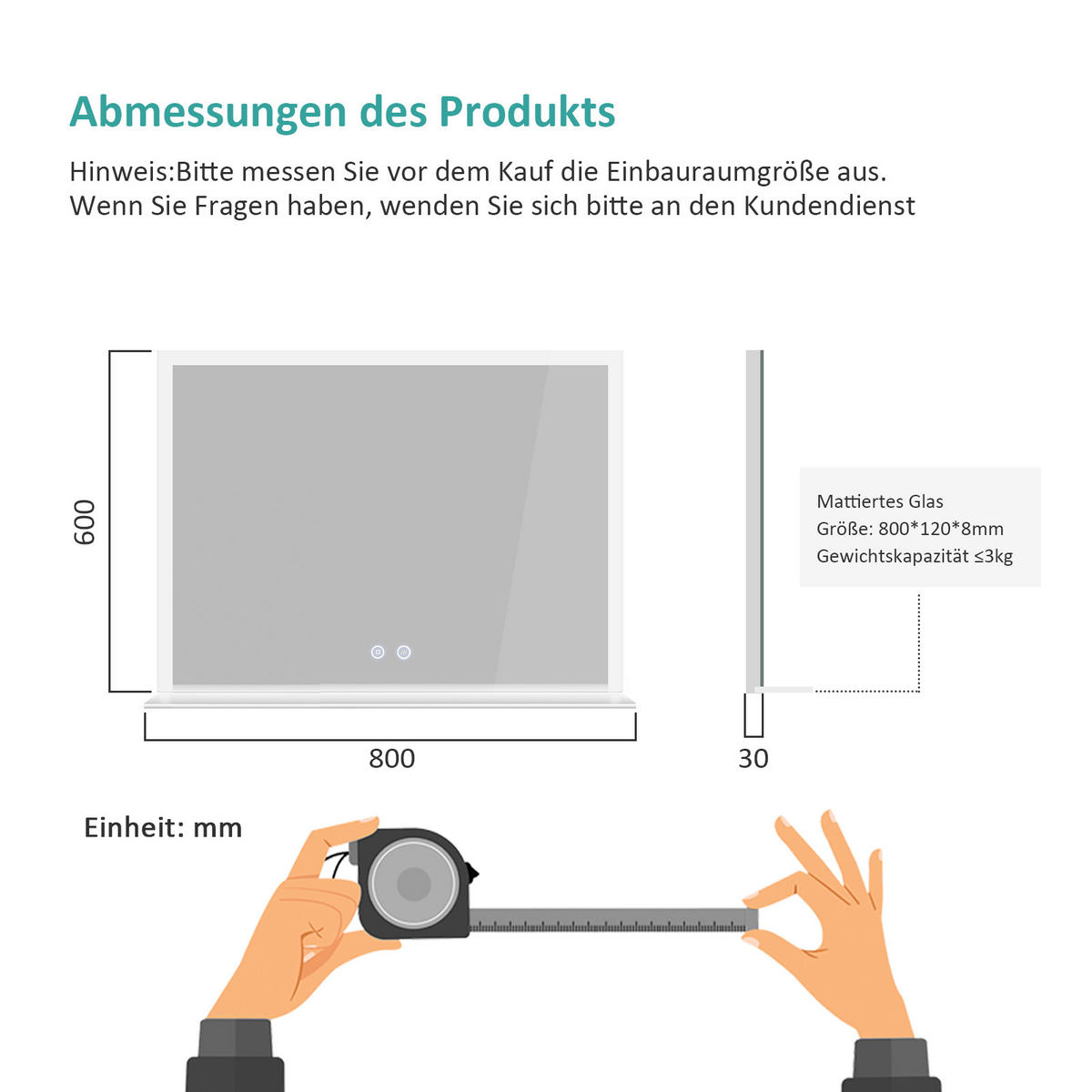BADSPIEGEL mit Beleuchtung mit Ablage 80/60 cm - Weiß, Glas (60/3/80cm) - EMKE