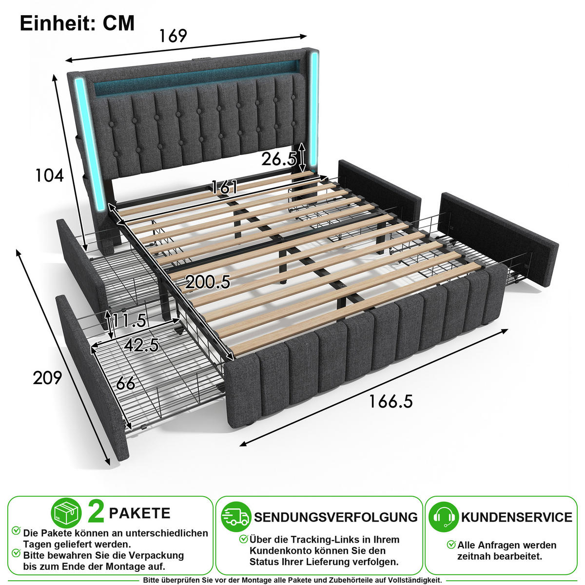 POLSTERBETT 160/200 cm in Grau mit 4 Schubladen, LED und USB aus Leinen - Grau, Holzwerkstoff/Textil (160/200cm) - CHICFURN
