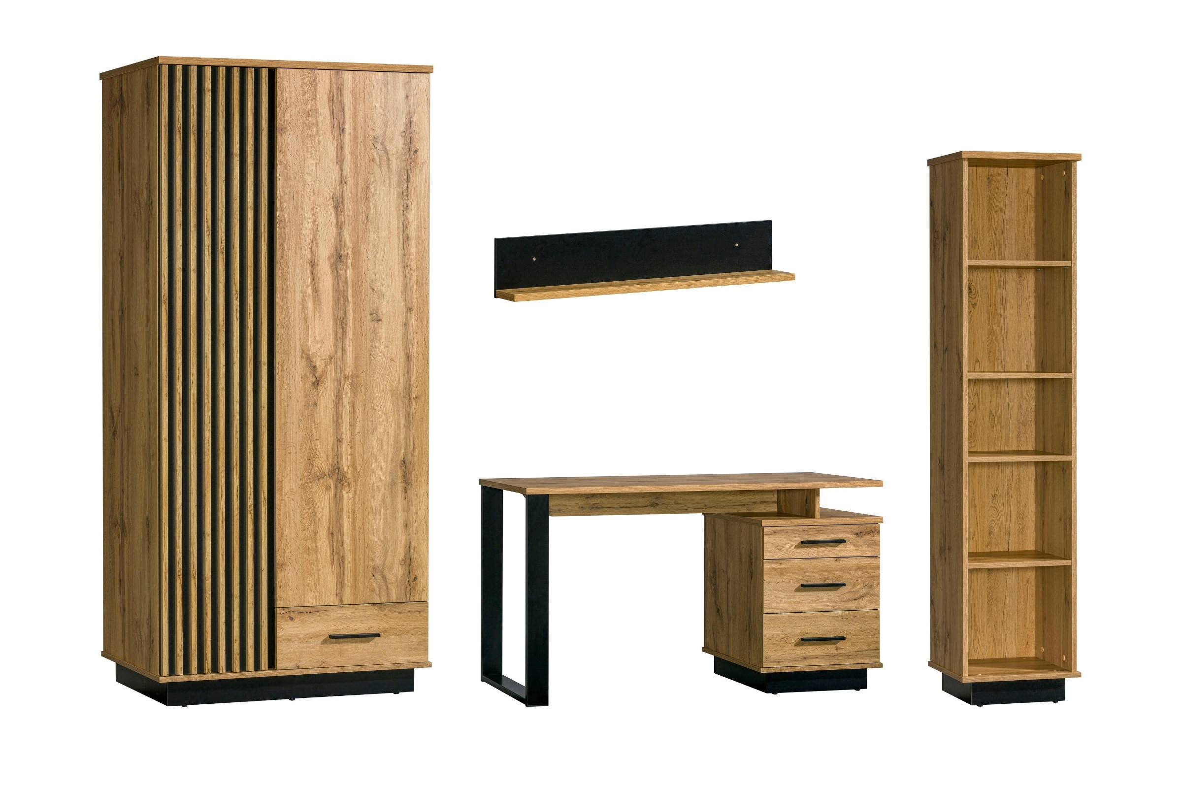 JUGENDZIMMER-SET LAMI A 4-teilig in Wotan Eiche / Schwarz Matt mit Lamellen - Eiche Wotan/Schwarz, Holzwerkstoff (265/56/194cm) - Deine Möbel 24