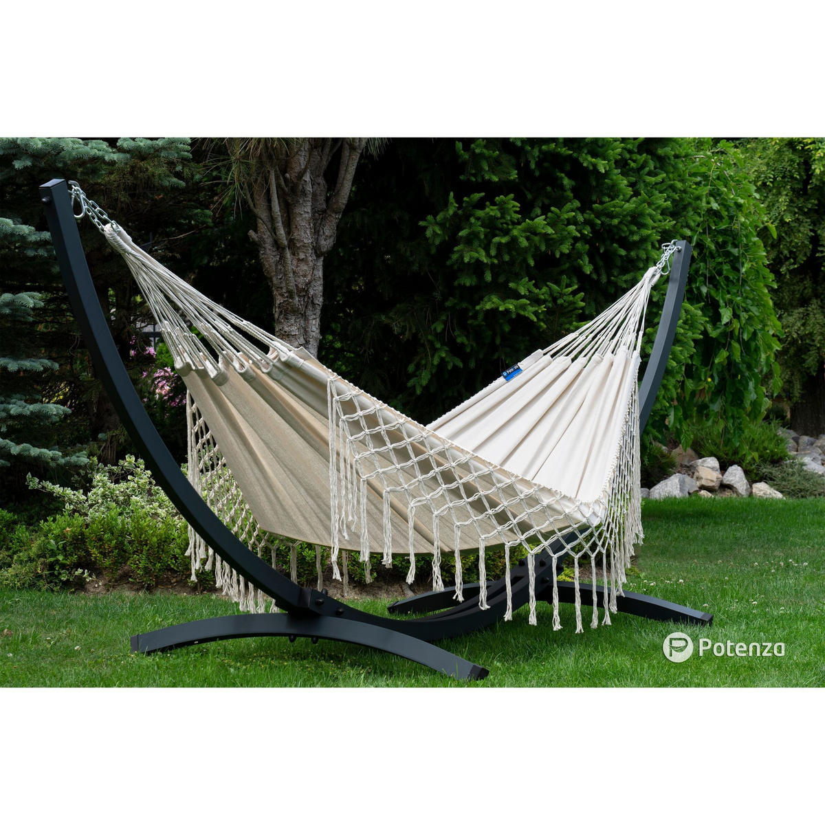 HÄNGEMATTE mit Gestell, 2 Personen, XXL, 200 kg, Metall, Medelin Boho Beige, einfache Montage - Ecru, Metall (370/130/120cm) - Potenza