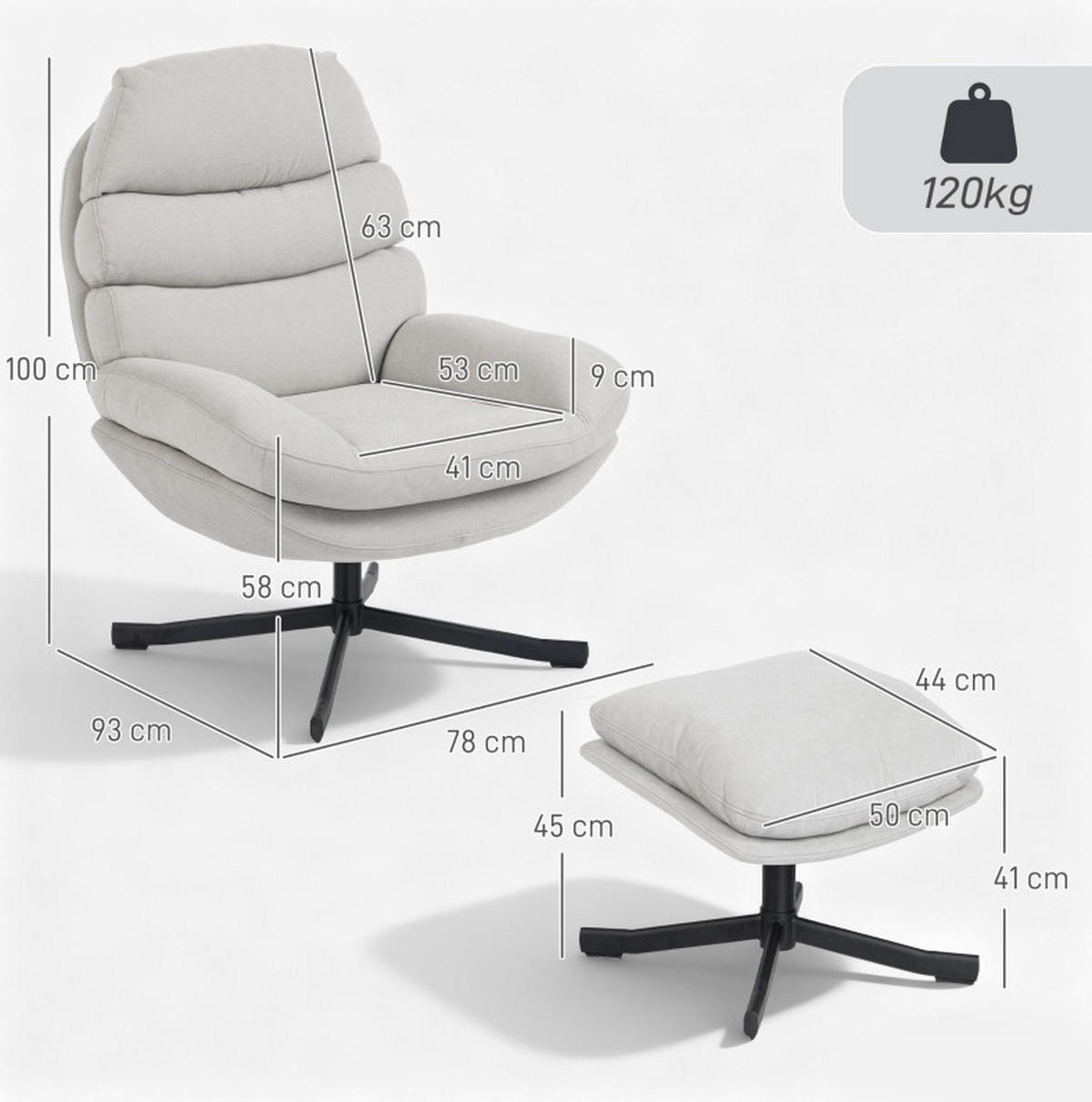 RELAXSESSEL 78/93/100 cm cremeweiß aus Polyester mit Hocker - Creme, Textil (78/100/93cm) - OKWISH