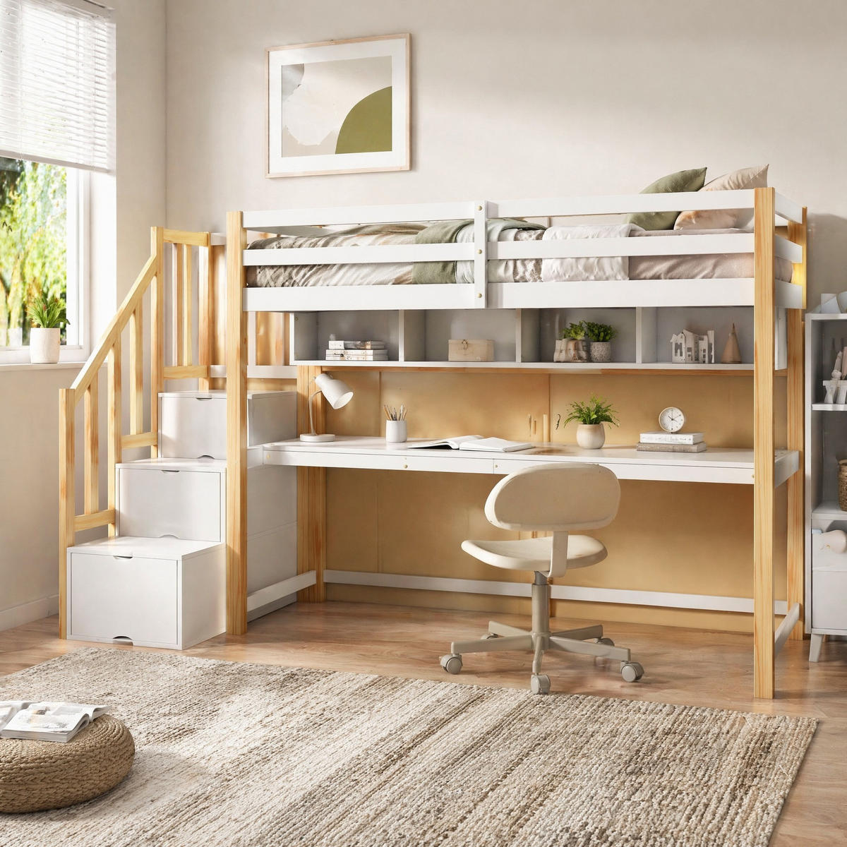 HOCHBETT 90/200 mit Schreibtisch, Stauraumtreppe und Regalen in Natur und Weiß - Naturfarben, Holz (90/200cm) - EVRYAE