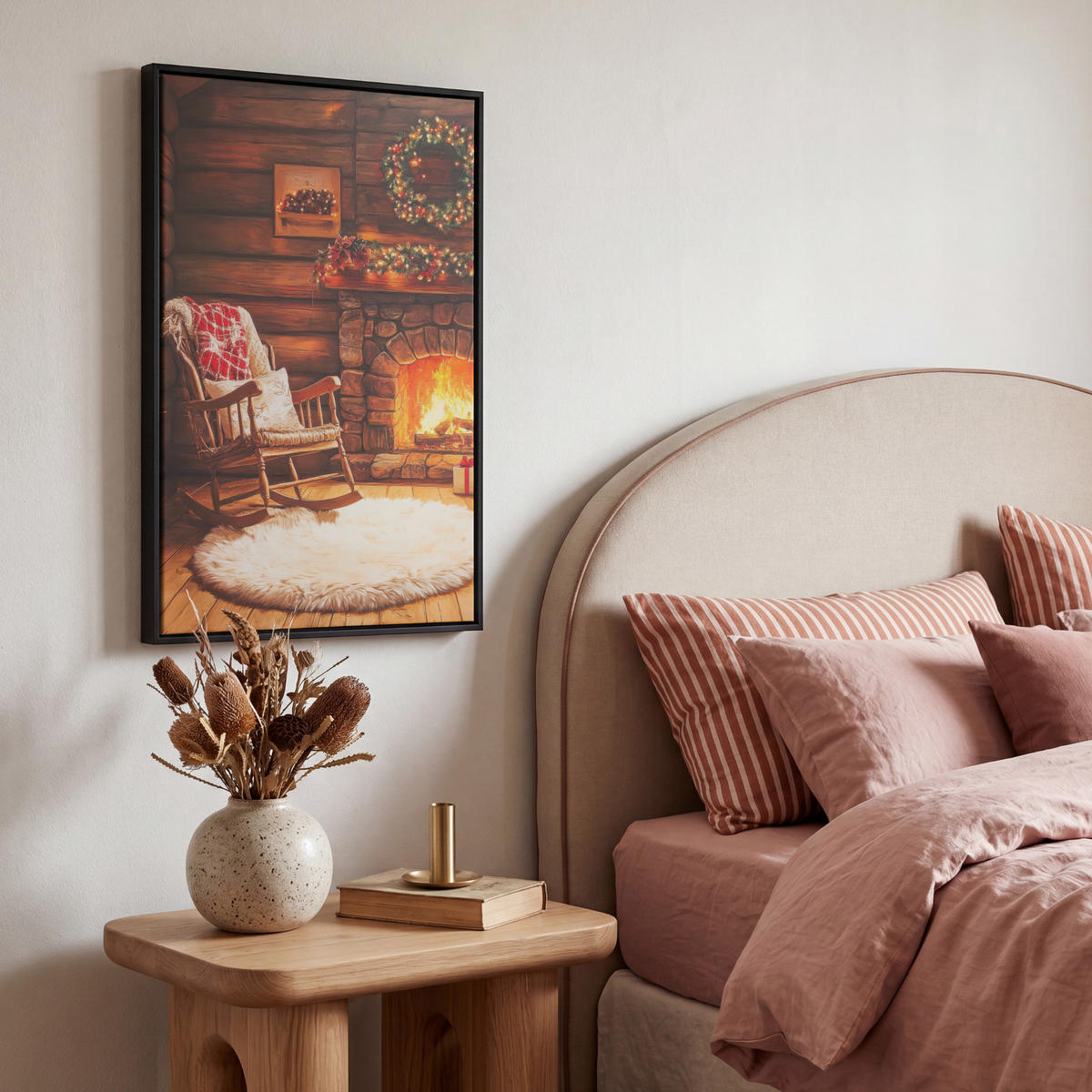 LEINWAND Bilder mit Rahmen - Winter - Weihnachten - Zuhause - Kamin - 40x60 - Bernsteinfarben, Textil (40/60cm) - MuchoWow