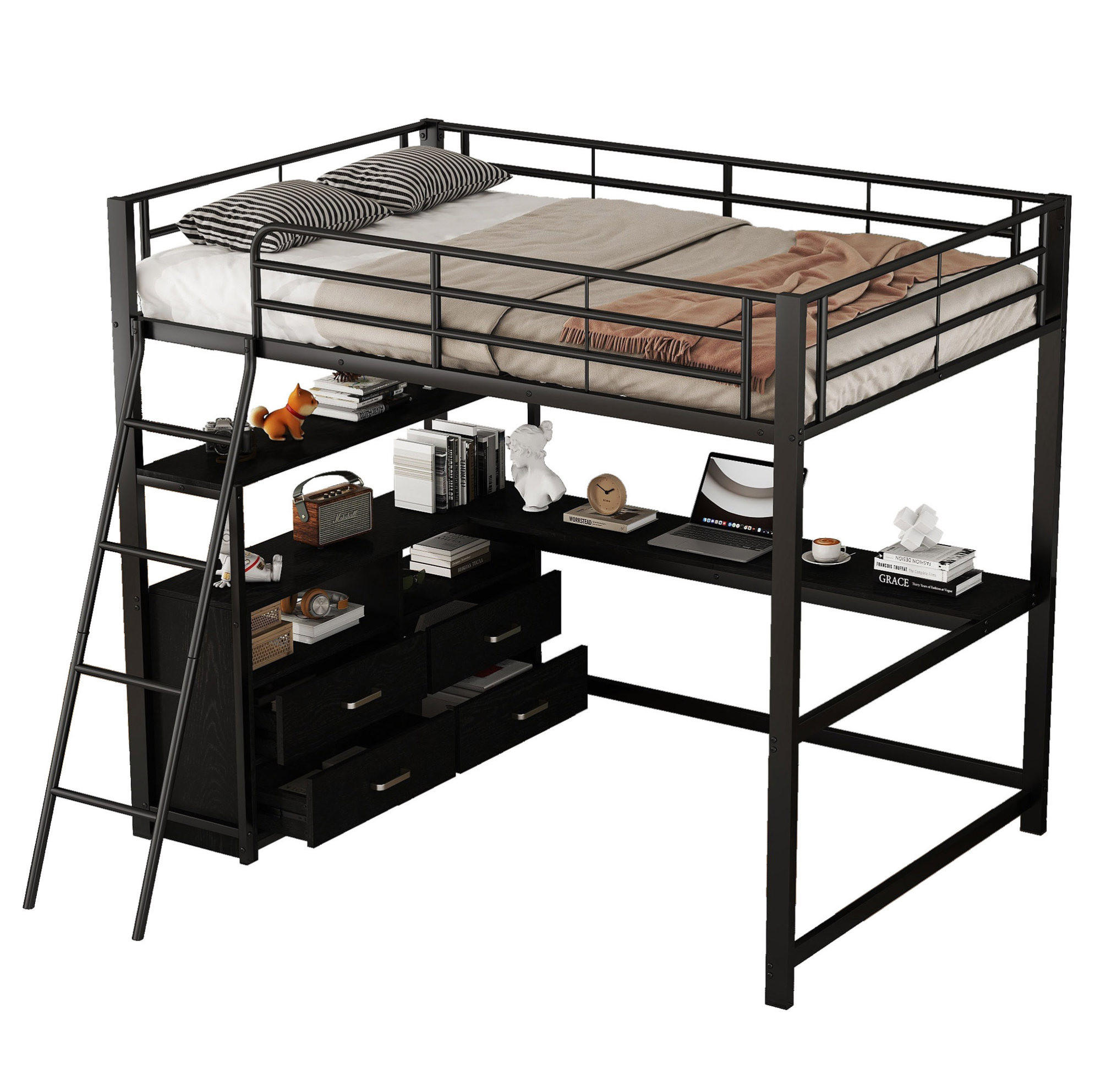 HOCHBETT 140/200 cm aus Metall und MDF mit L-förmigem Schreibtisch und 4 Schubladen Schwarz - Schwarz, Metall (140/200cm) - Modenvie