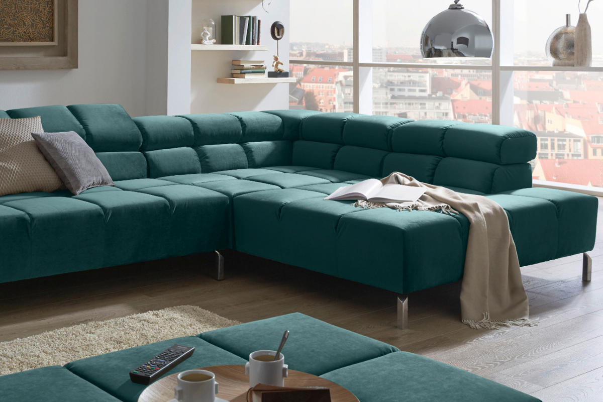 ECKSOFA MIT MOTORISCHEM SITZVORZUG NELSON Smaragdgrün Velvet Relaxfunktion - Smaragdgrün/Silberfarben, Textil (321/216cm) - KAWOLA