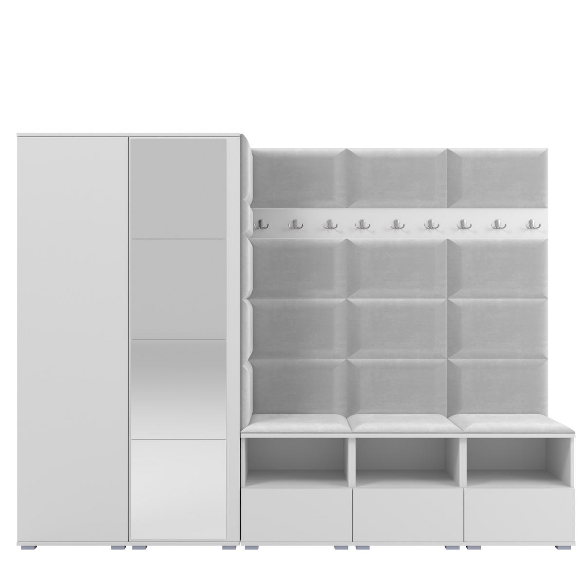 GARDEROBE NELA VII 250 cm (Modulare Flurmöbel XL Weiß mit Spiegel & Sitzpolster Hellgrau 32 Universell) - Silberfarben/Hellgrau, Holz/Holzwerkstoff (250/187/40cm) - Ravio
