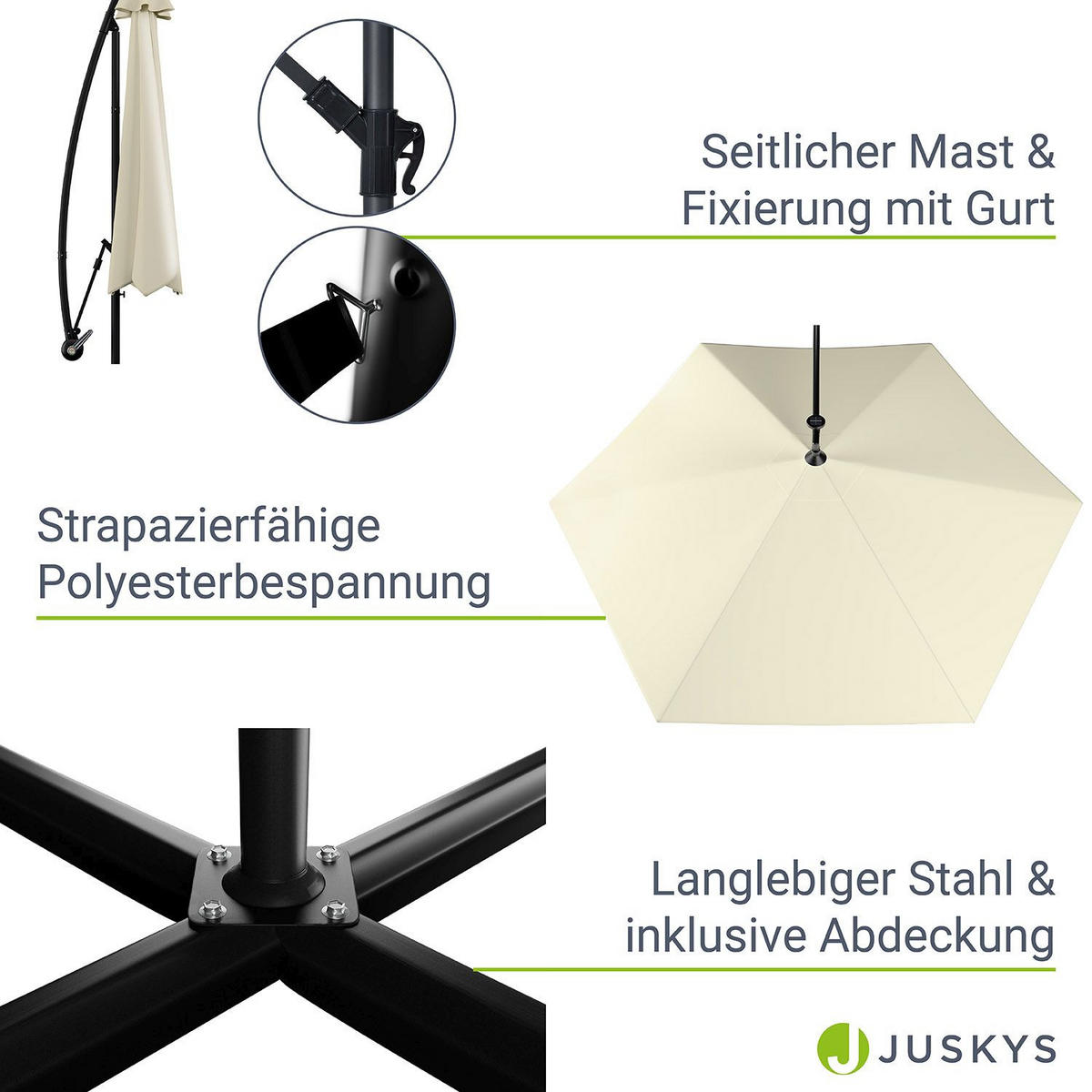 AMPELSCHIRM Brazil dunkelgrau/creme 3,5m mit LED, Kurbel und Standfuß - Creme, Metall (330/330cm) - Juskys