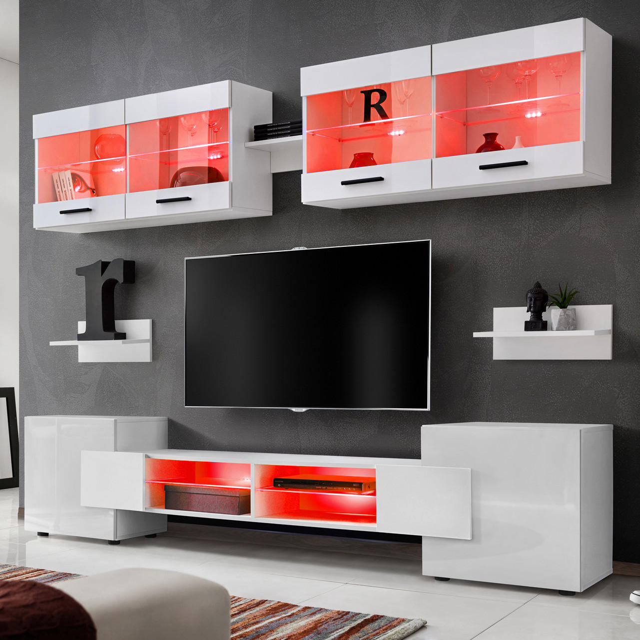 WOHNZIMMERSET Foggia, 6er-Set, Weiß, Front Hochglanz Weiß, LED Mehrfarbige - Schwarz/Weiß, Glas/Holzwerkstoff (230/190/45cm) - Komodee