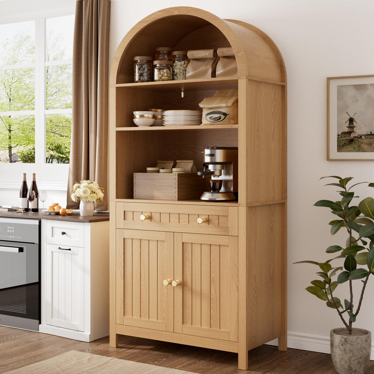 GESCHIRRSCHRANK Bogenfront Doppeltür Weiß - Naturfarben, Holzwerkstoff (76/180/40cm) - FLIEKS