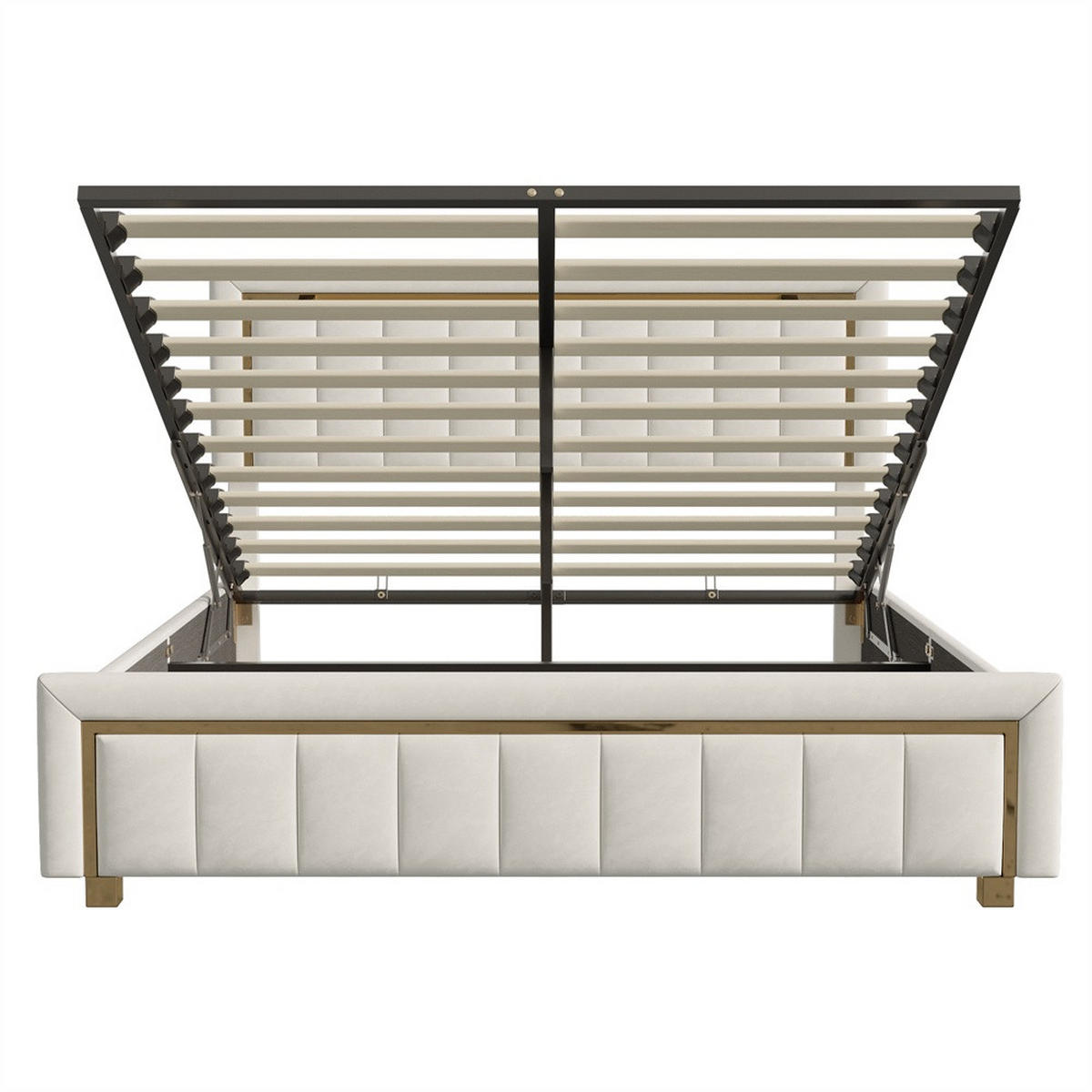 POLSTERBETT 140x200 cm - mit vertikal gestepptem Kopfteil und hydraulischem Bettkasten - ohne Matratze - Beige, Textil (140/200cm) - DELFA