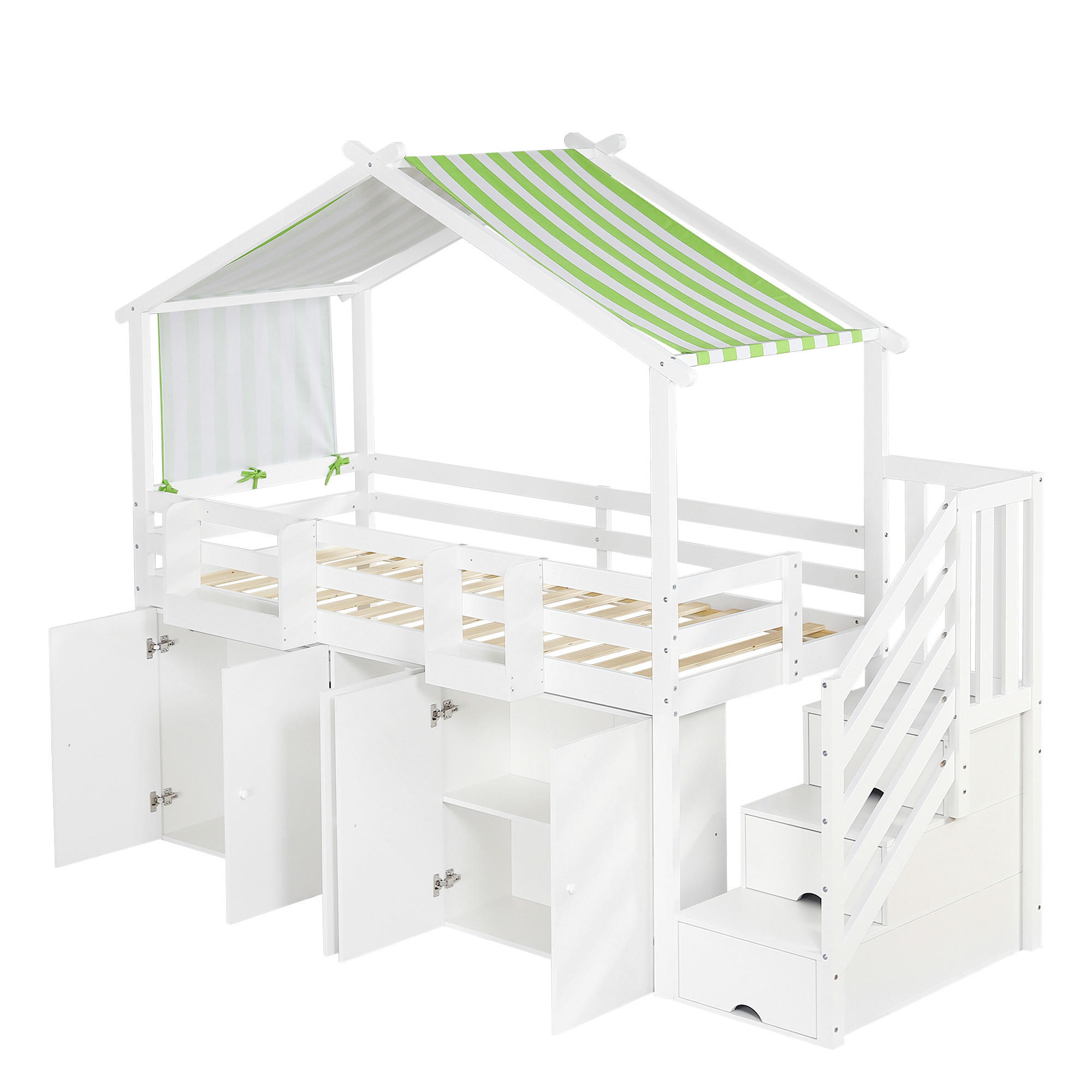 HAUSBETT 90/200 cm DE-02272, in Weiß/Grün, mit Kleiderschrank, 2 Schließfächern und Treppenschränken - Weiß, Holz/Holzwerkstoff (90/200cm) - ComfortXL
