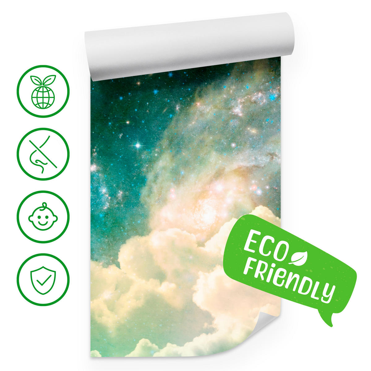 FOTOTAPETE für Kinderzimmer Kosmische Nebelwolken Sterne Galaxie Mystisch 350x256 - Türkis/Pastellgrün, Papier (350/256cm) - Muralo